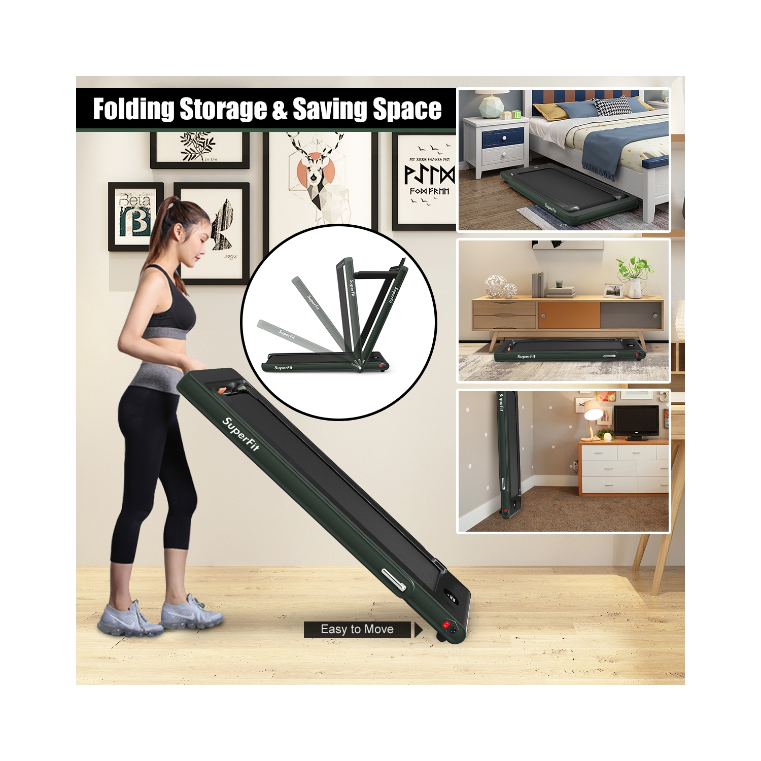 2 en 1 Tapis roulant pliant 2.25HP Machine de course avec double affichage Gymax