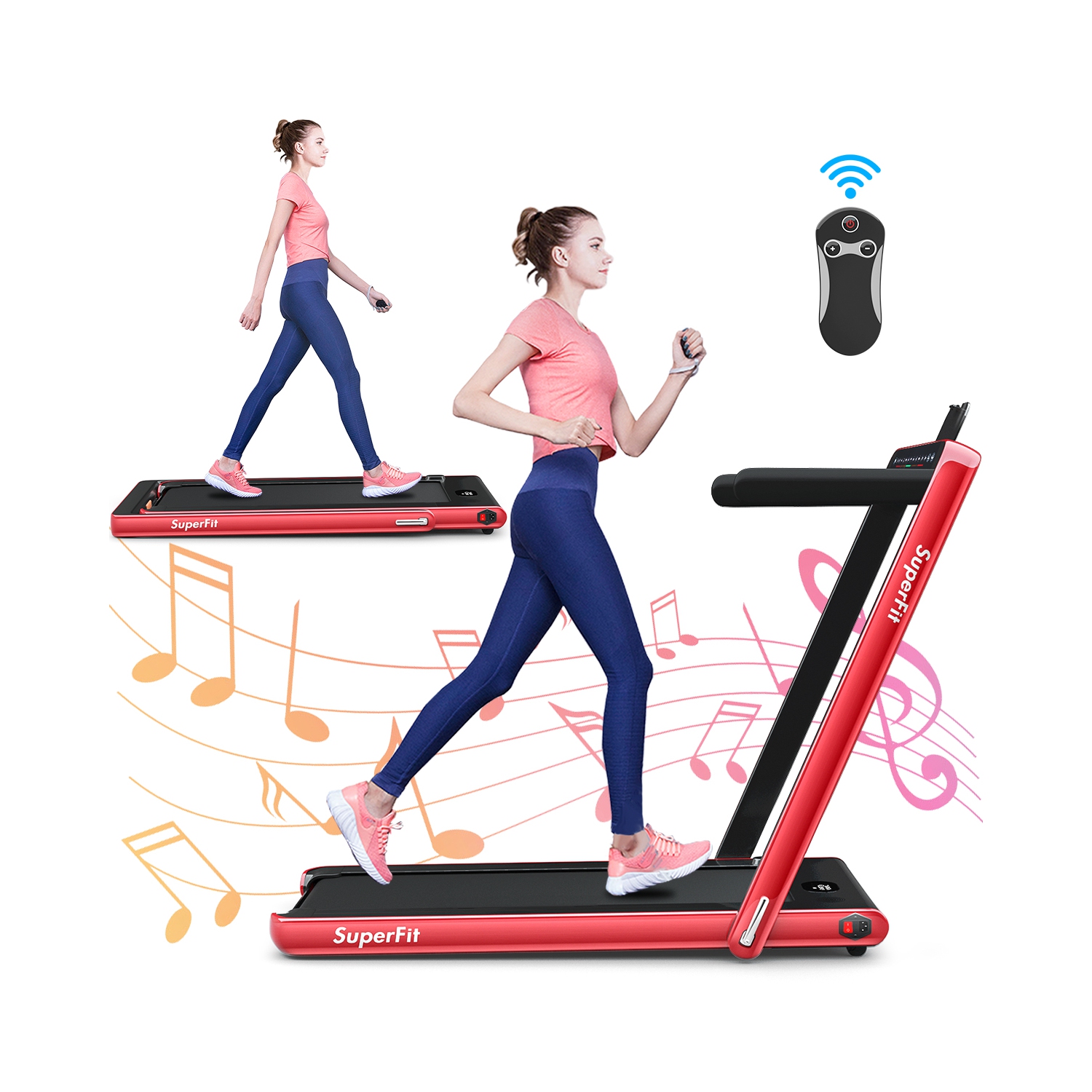 2 en 1 Tapis roulant pliant 2.25HP Machine de course avec double affichage Gymax