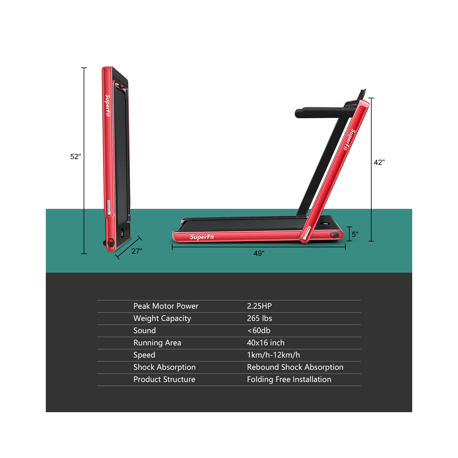 2 en 1 Tapis roulant pliant 2.25HP Machine de course avec double affichage Gymax