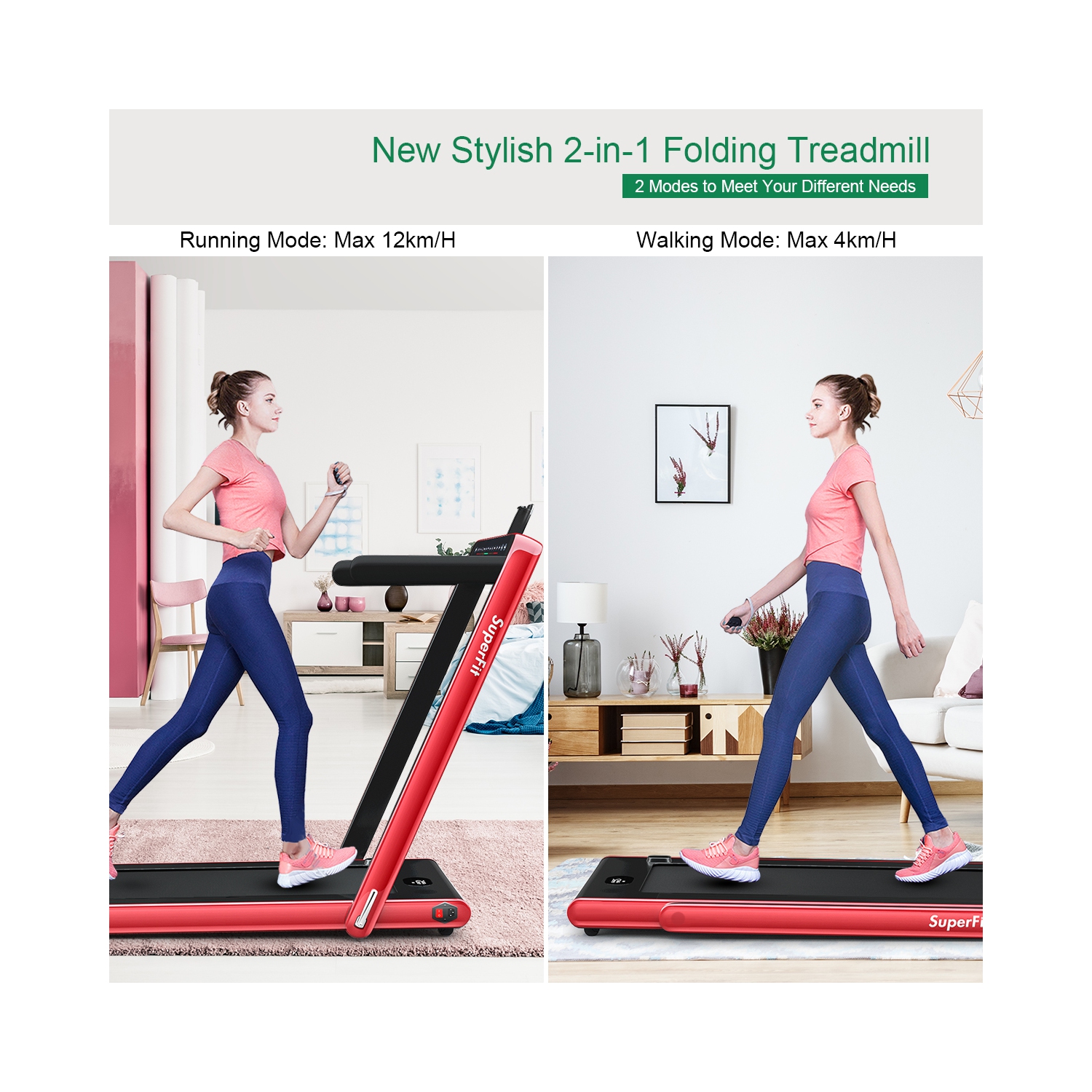 2 en 1 Tapis roulant pliant 2.25HP Machine de course avec double affichage Gymax