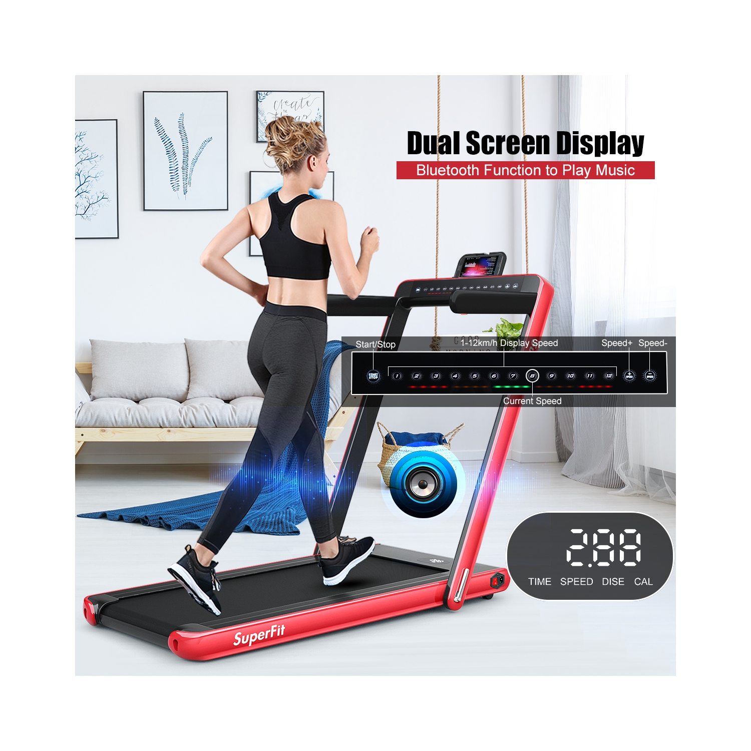 2 en 1 Tapis roulant pliant 2.25HP Machine de course avec double affichage Gymax