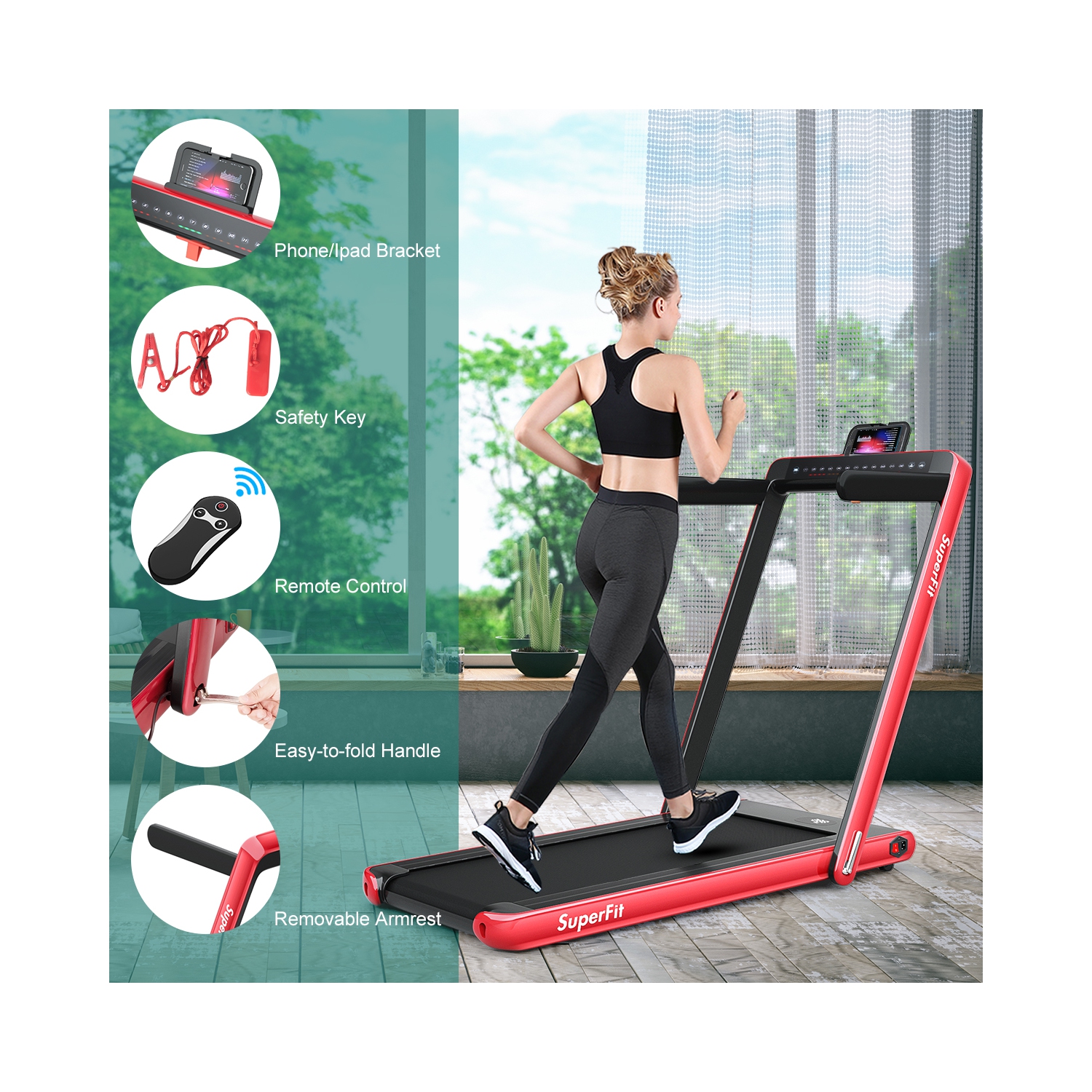 2 en 1 Tapis roulant pliant 2.25HP Machine de course avec double affichage Gymax