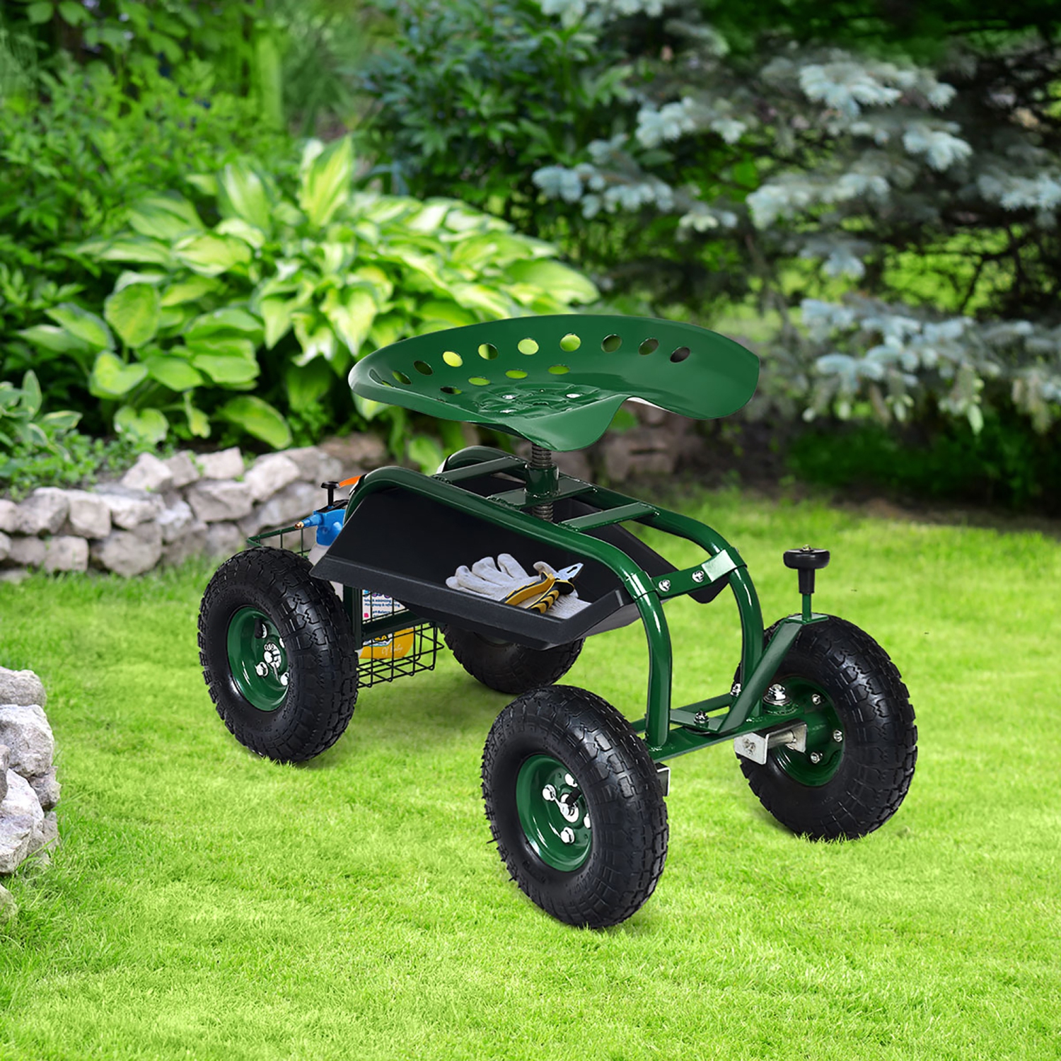 Costway Garden Cart Rolling Work Seat w/ Tool Tray Basket Green