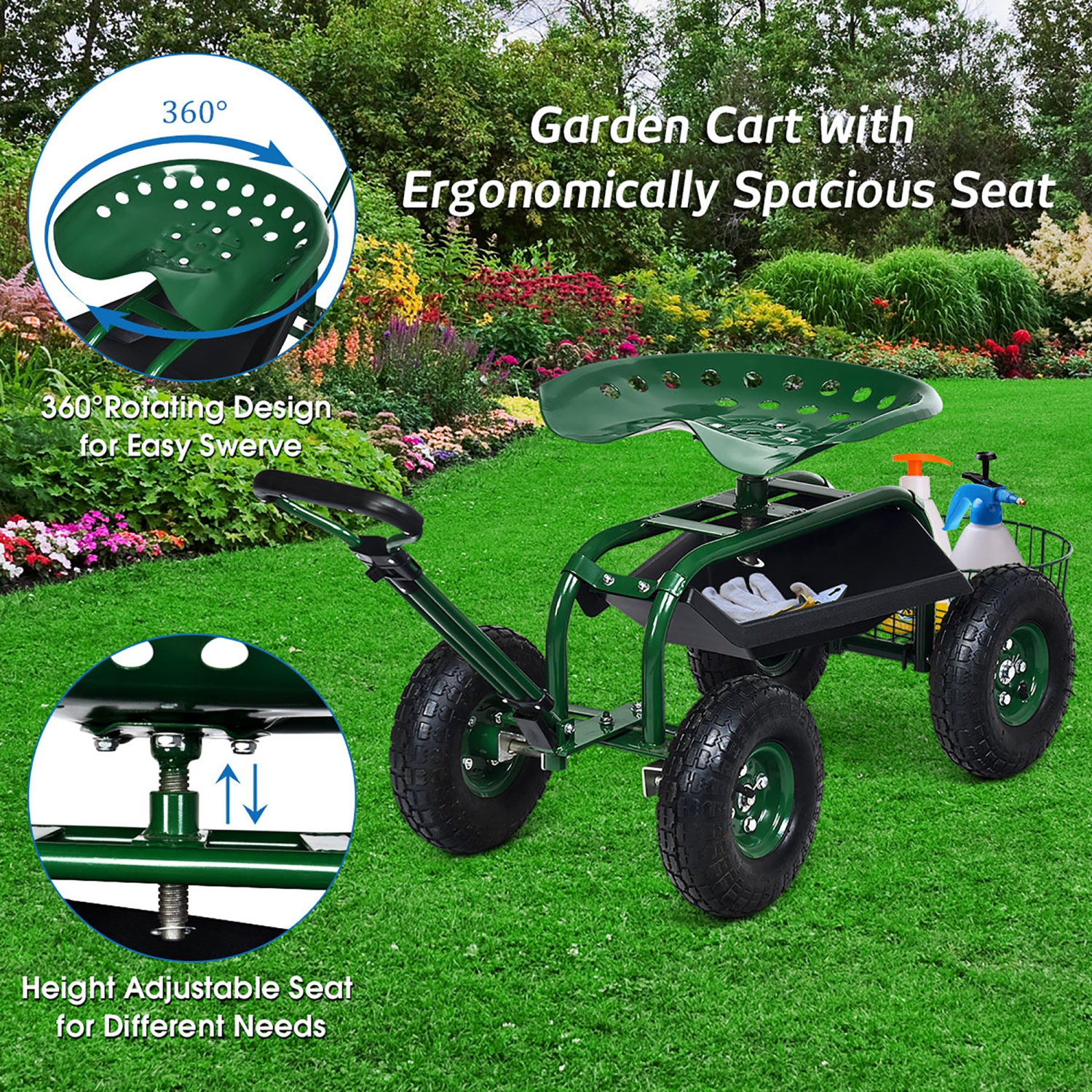 Costway Garden Cart Rolling Work Seat w/Tray Basket E xtendable Handle Green
