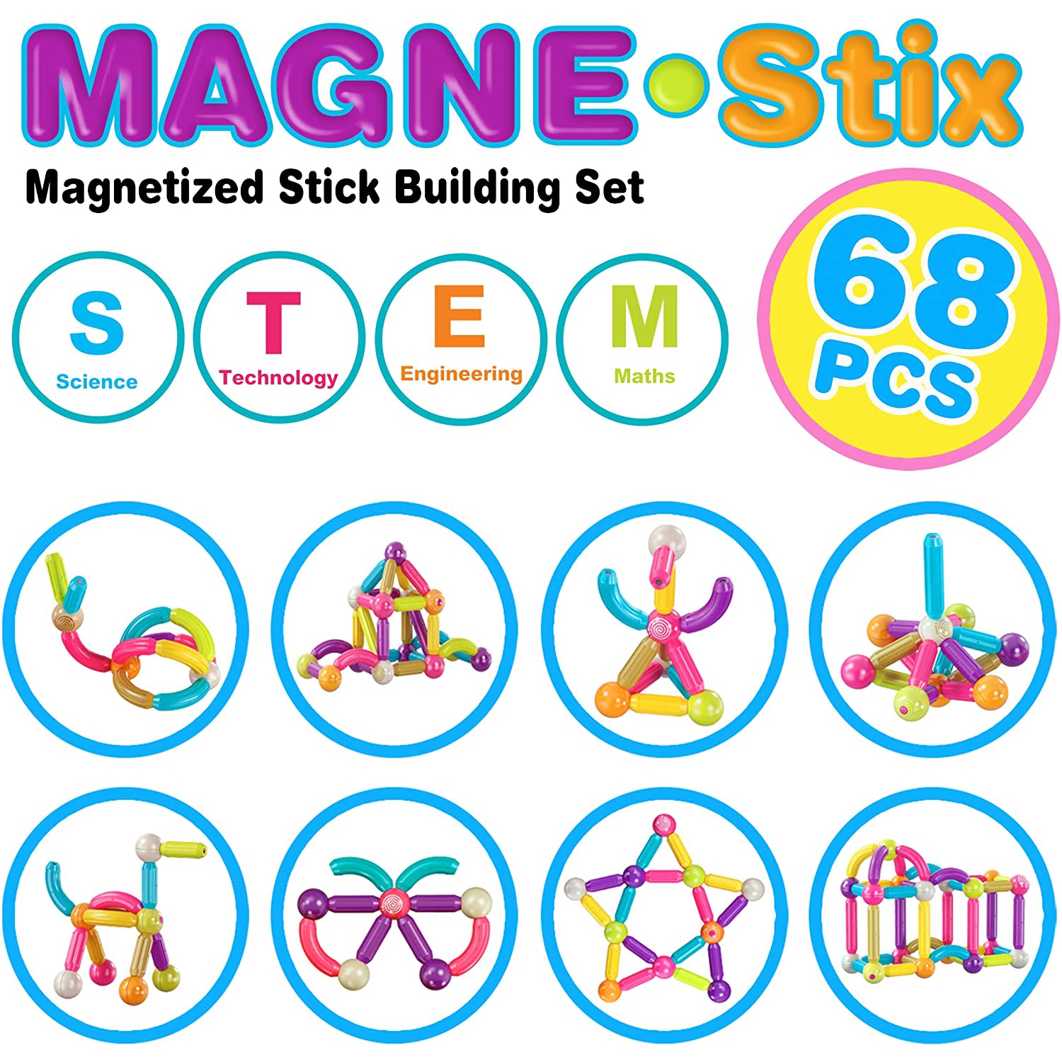 Contixo Magnet Stix, 3D Magnetic Building Sticks, Toddler Toys, STEM & Sensory Learning, Kids ages 3+, for Boys & Girls, Includes Storage Bag, 68 Pcs