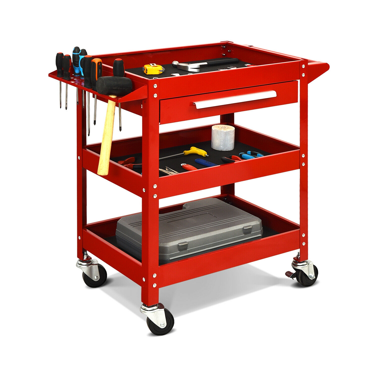 Costway Three Tray Rolling Tool Cart Mechanic Cabinet Storage ToolBox Organizer w/Drawer
