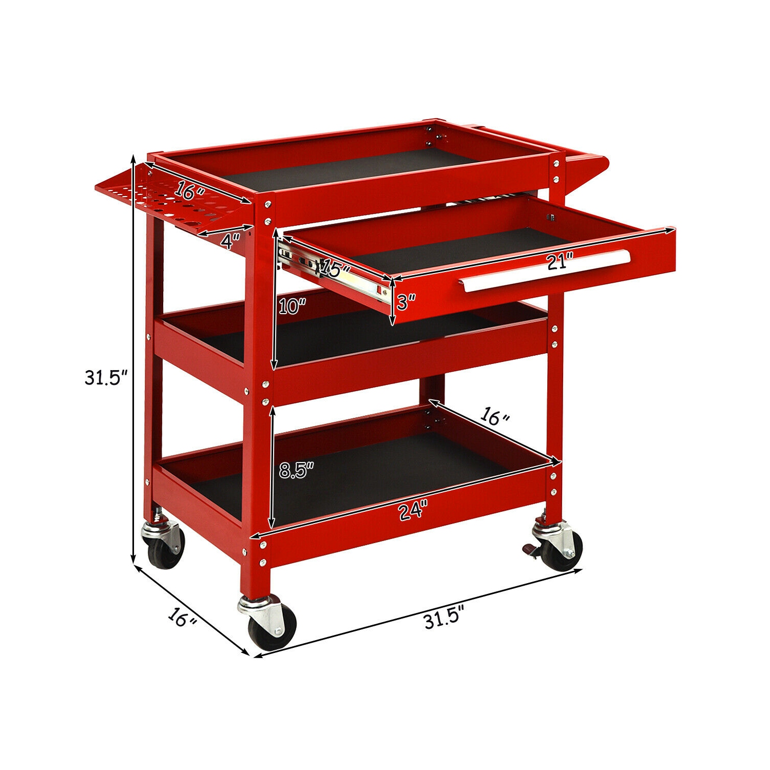 Costway Three Tray Rolling Tool Cart Mechanic Cabinet Storage ToolBox Organizer w/Drawer