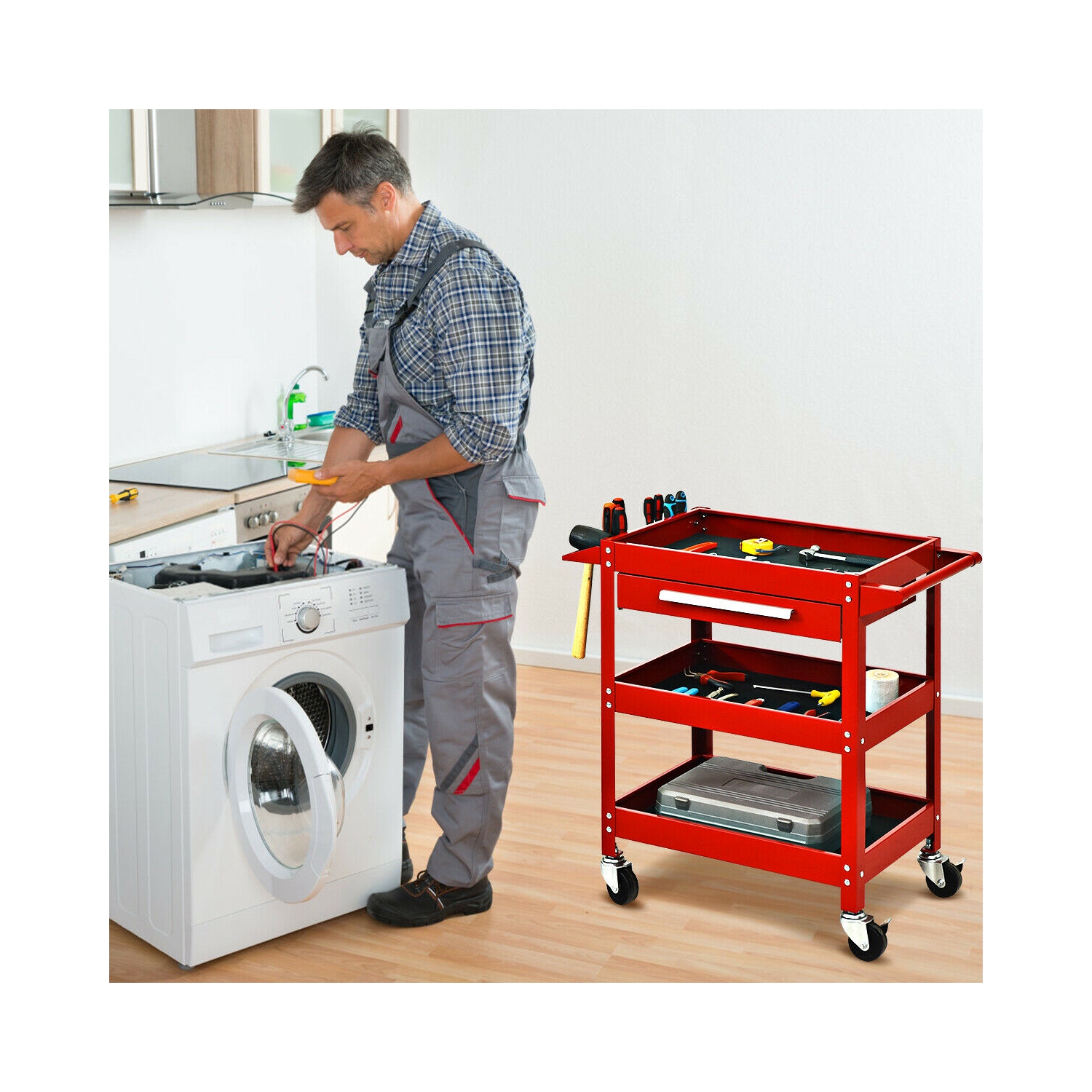 Costway Three Tray Rolling Tool Cart Mechanic Cabinet Storage ToolBox Organizer w/Drawer