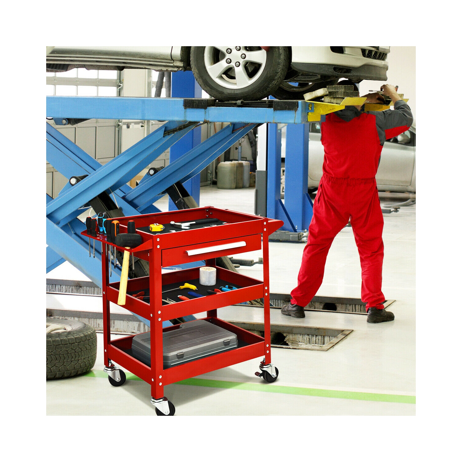 Costway Three Tray Rolling Tool Cart Mechanic Cabinet Storage ToolBox Organizer w/Drawer