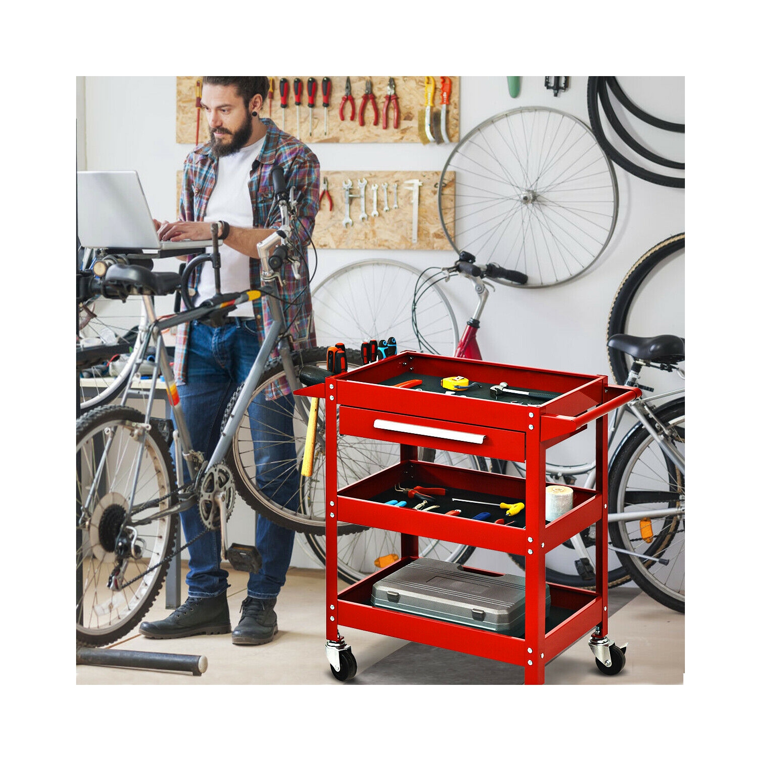 Costway Three Tray Rolling Tool Cart Mechanic Cabinet Storage ToolBox Organizer w/Drawer