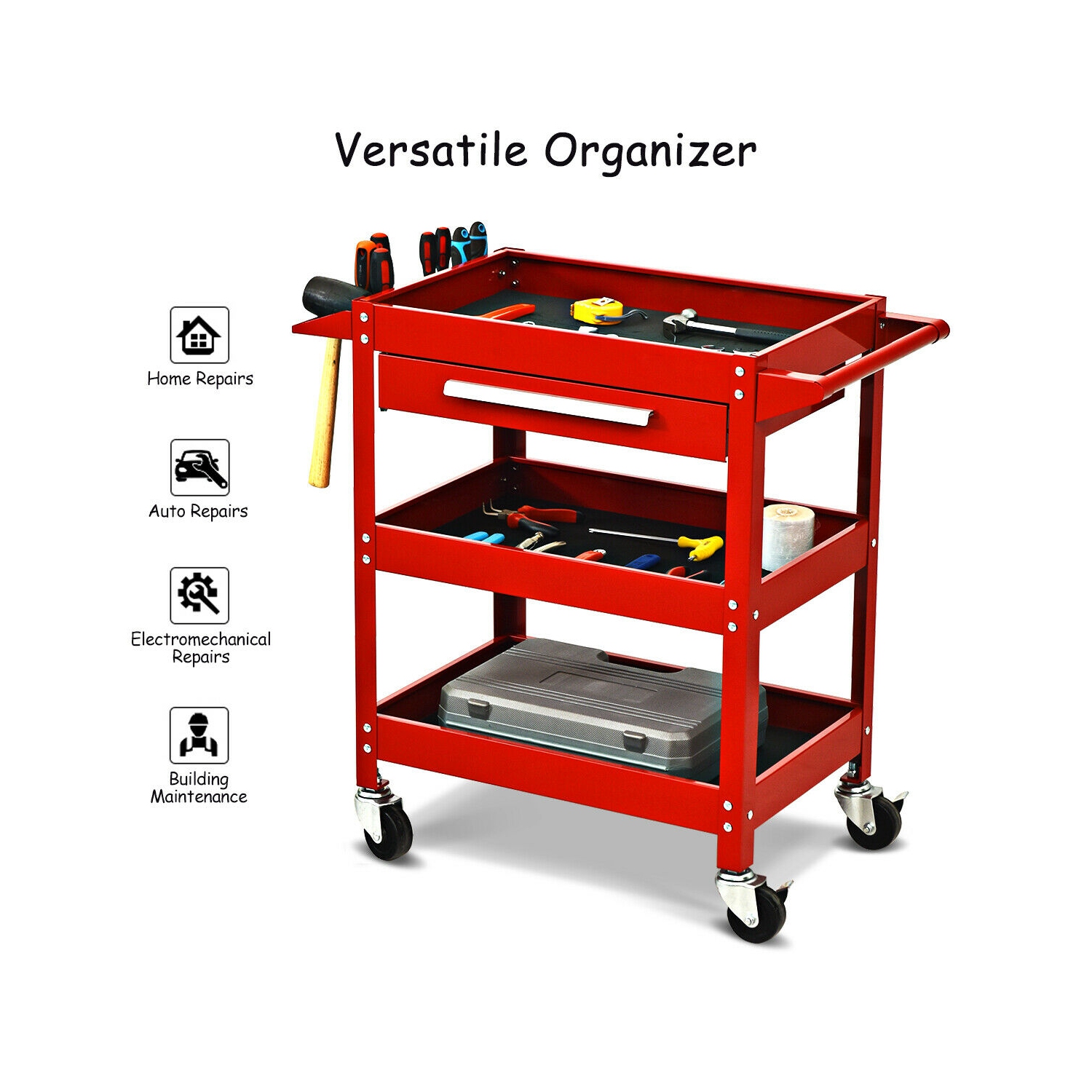 Costway Three Tray Rolling Tool Cart Mechanic Cabinet Storage ToolBox Organizer w/Drawer
