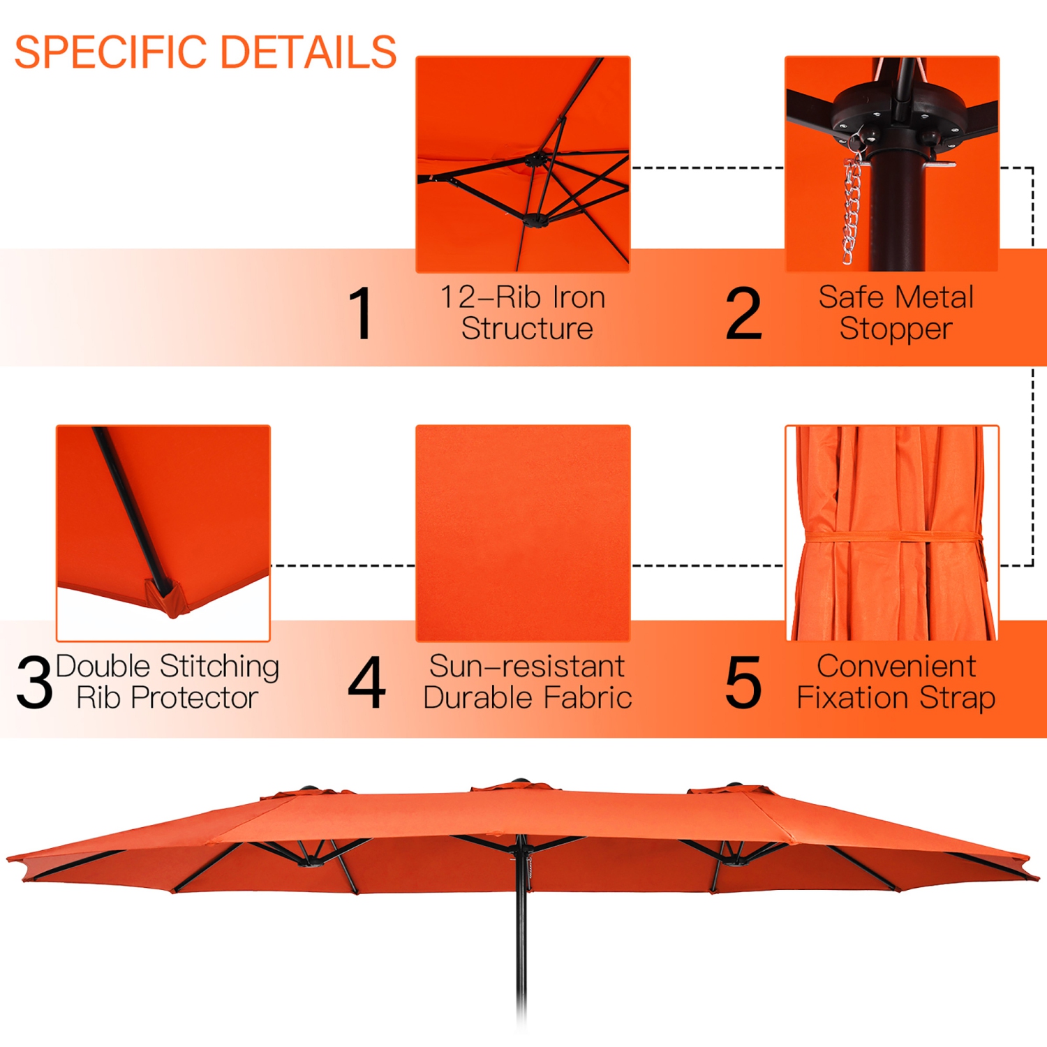 Costway 15 Ft Patio Double Sided Umbrella Outdoor Market Umbrella Orange