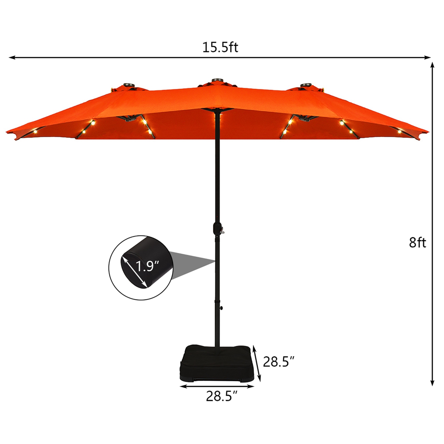 Costway 15Ft Patio Double-Sided Solar LED Market Umbrella Crank Base Orange