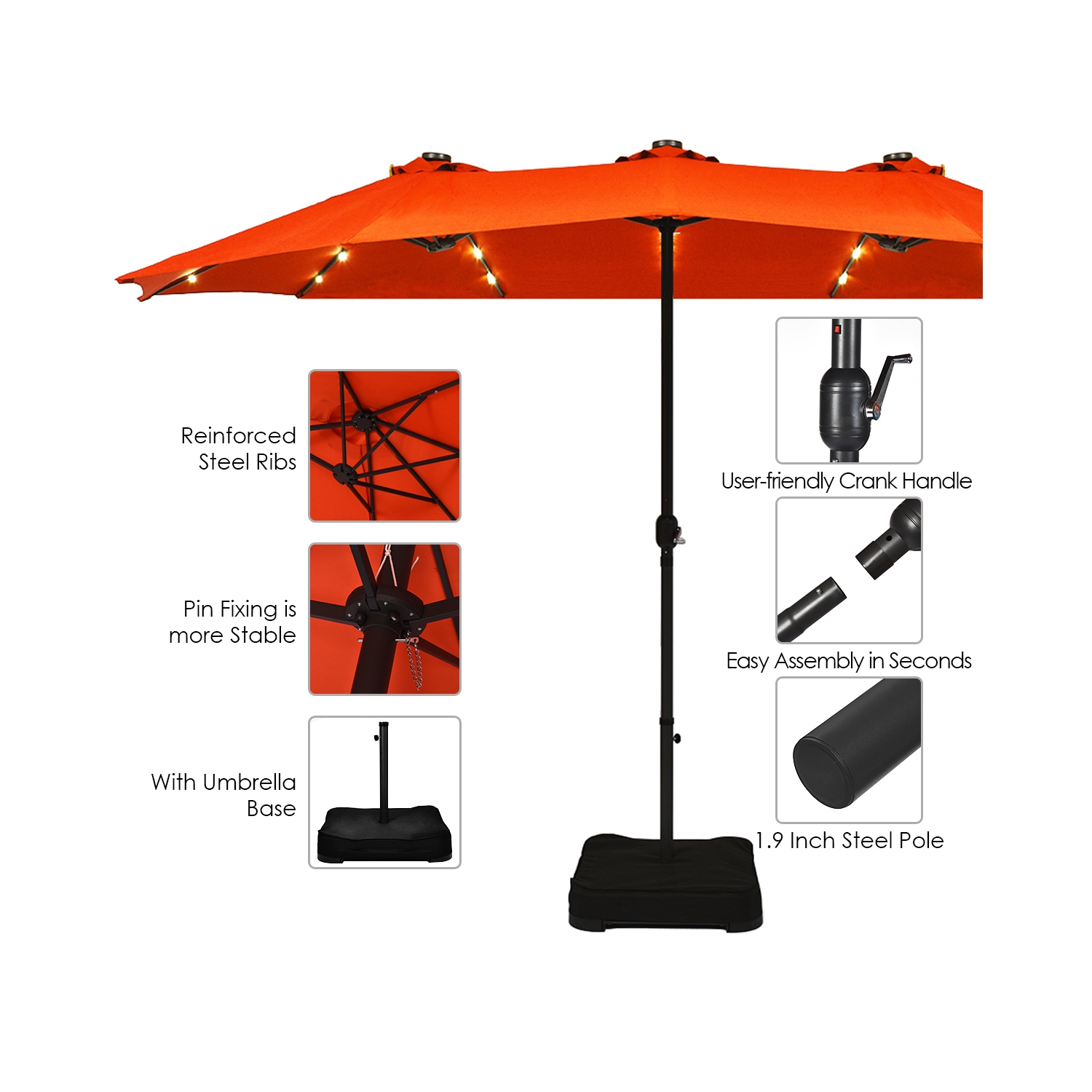 Costway 15Ft Patio Double-Sided Solar LED Market Umbrella Crank Base Orange