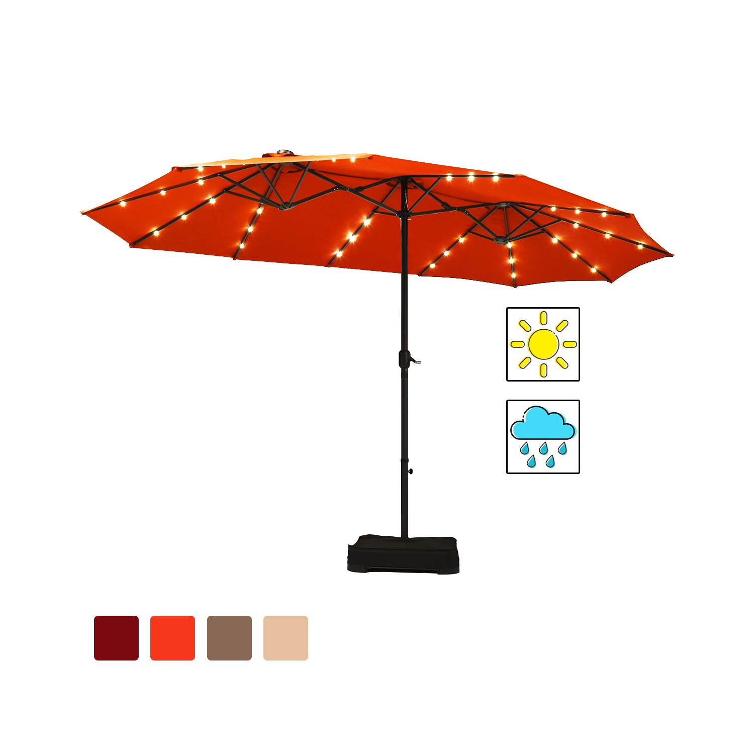 Costway 15Ft Patio Double-Sided Solar LED Market Umbrella Crank Base Orange