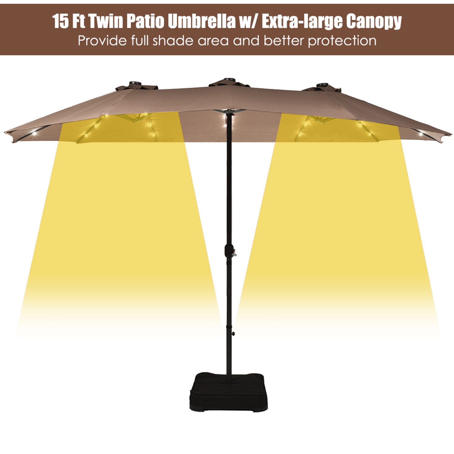 Parasol double de 4.60 m Costway avec base à manivelle et LED solaire pour terrasse, Le Tan