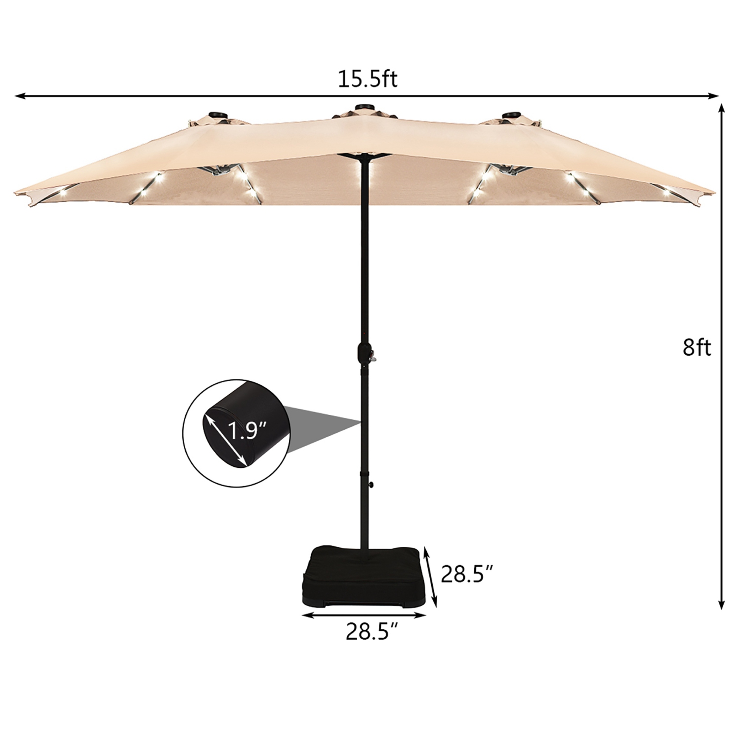 Costway 15Ft Patio Double-Sided Solar LED Market Umbrella Crank Base Beige