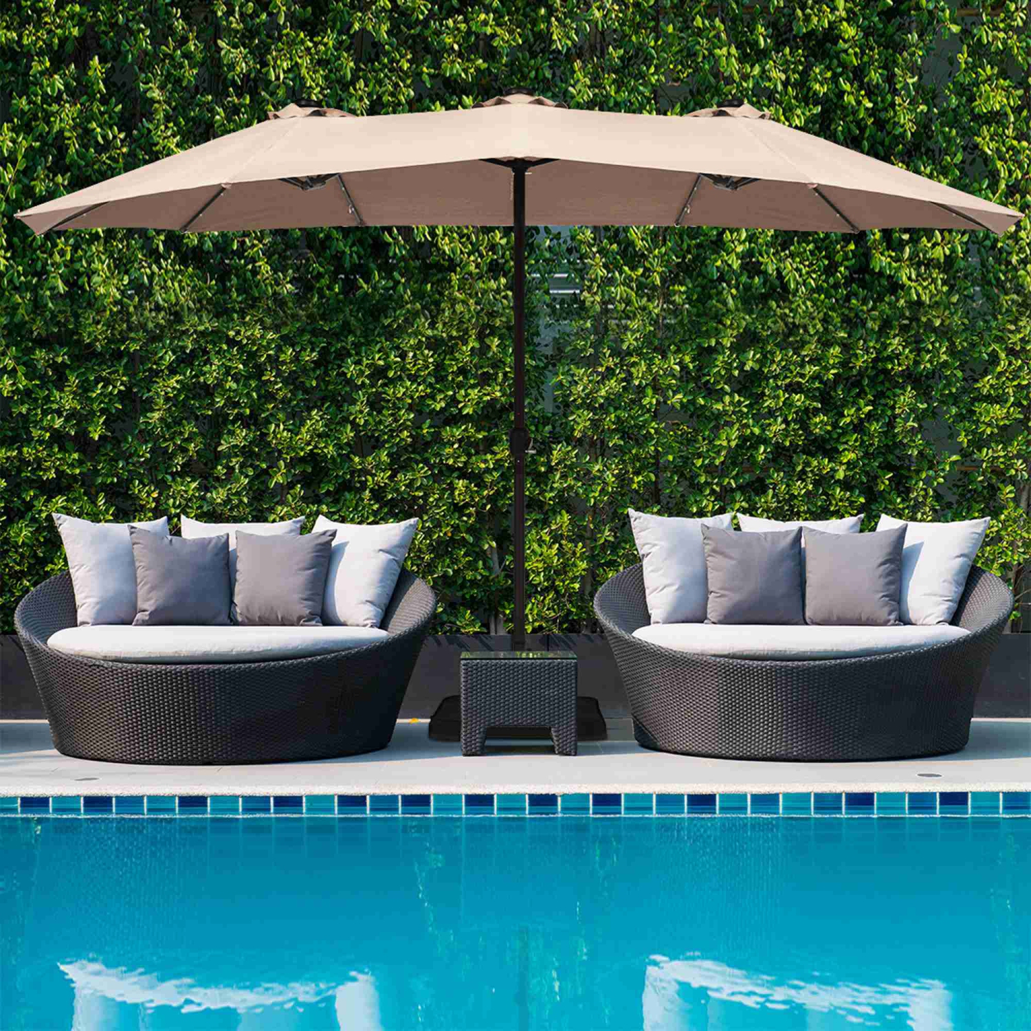 Costway 15Ft Patio Double-Sided Solar LED Market Umbrella Crank Base Beige