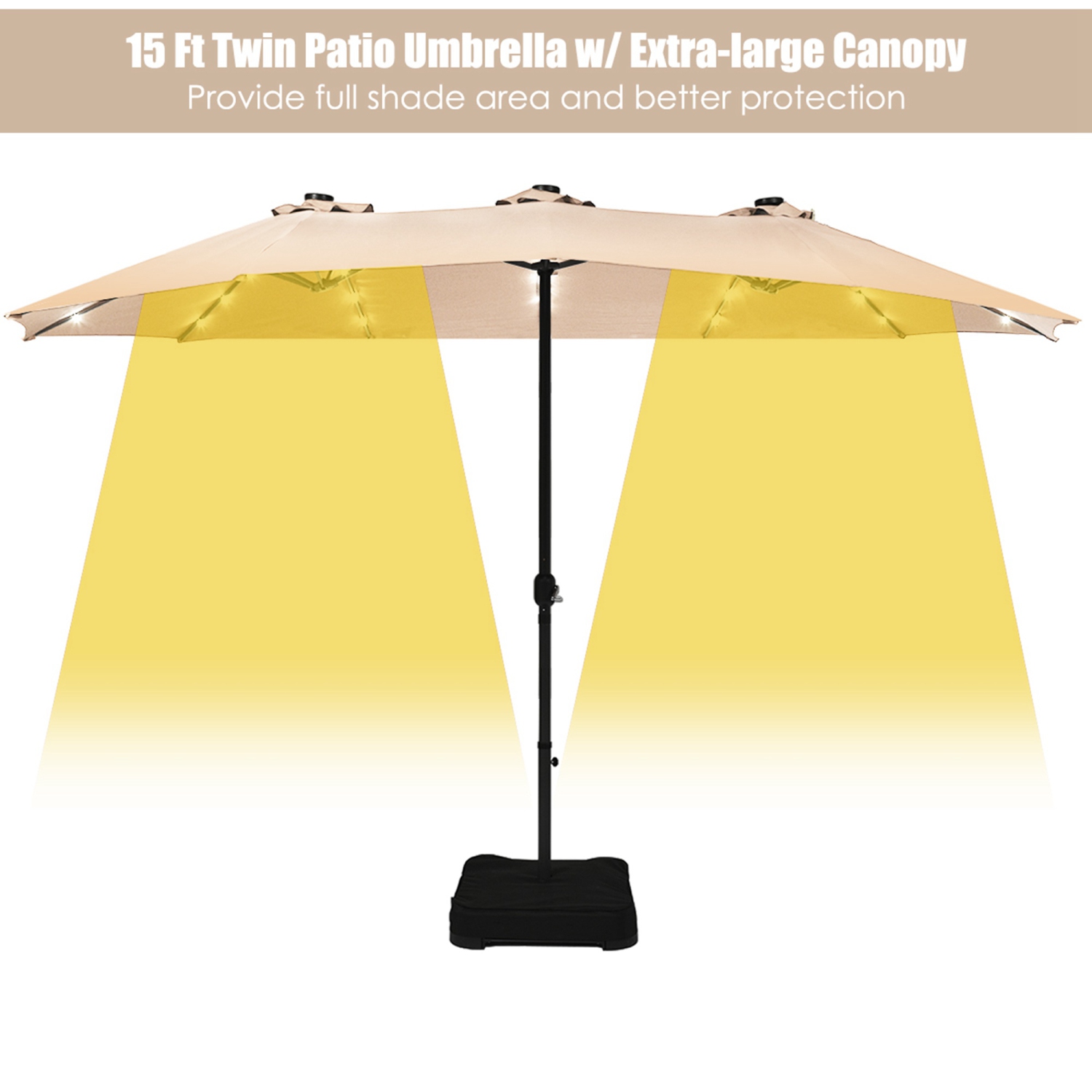 Costway 15Ft Patio Double-Sided Solar LED Market Umbrella Crank Base Beige