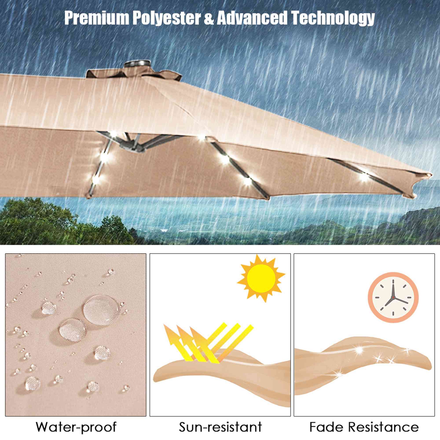Costway 15Ft Patio Double-Sided Solar LED Market Umbrella Crank Base Beige