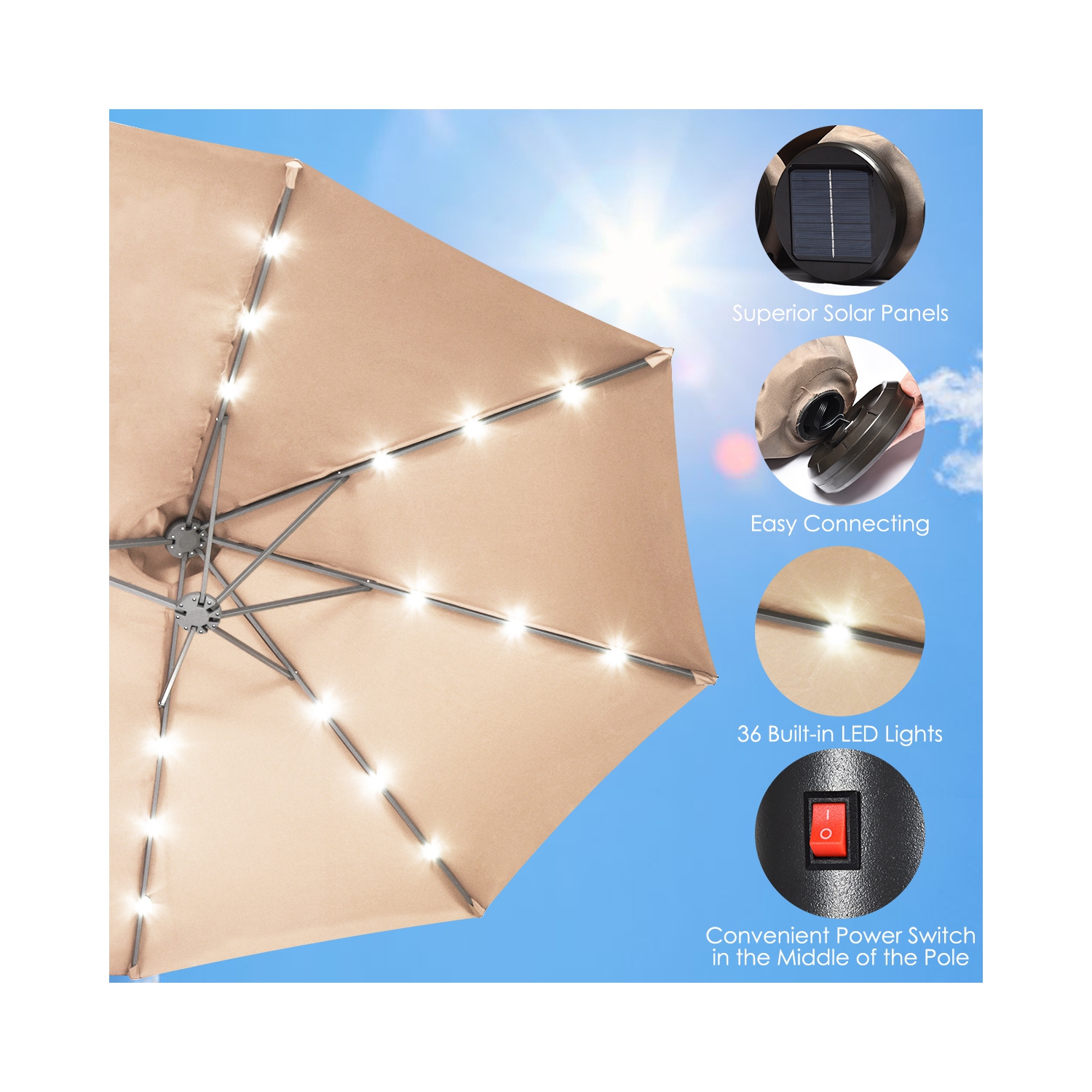 Costway 15Ft Patio Double-Sided Solar LED Market Umbrella Crank Base Beige