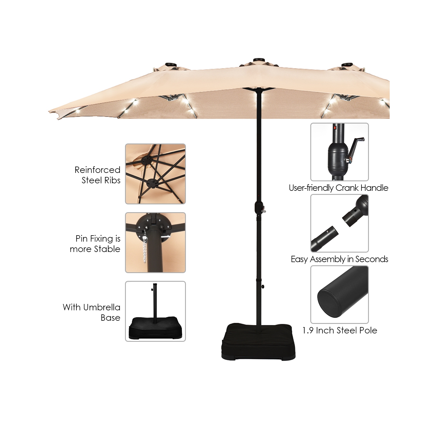 Costway 15Ft Patio Double-Sided Solar LED Market Umbrella Crank Base Beige