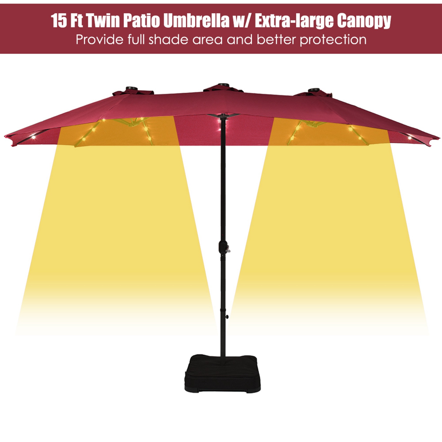 Costway 15Ft Patio Double-Sided Solar LED Market Umbrella Crank Base Burgundy