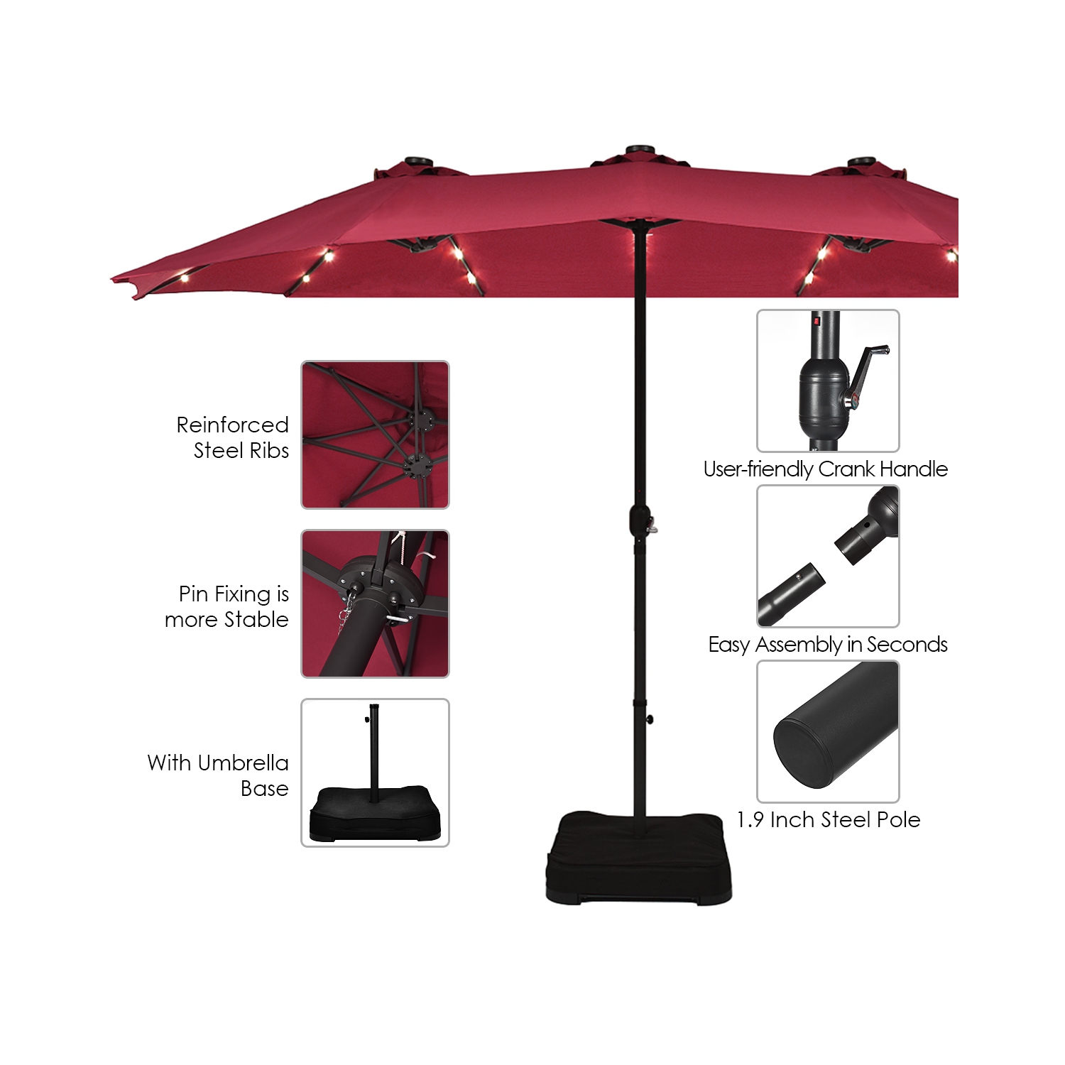 Costway 15Ft Patio Double-Sided Solar LED Market Umbrella Crank Base Burgundy
