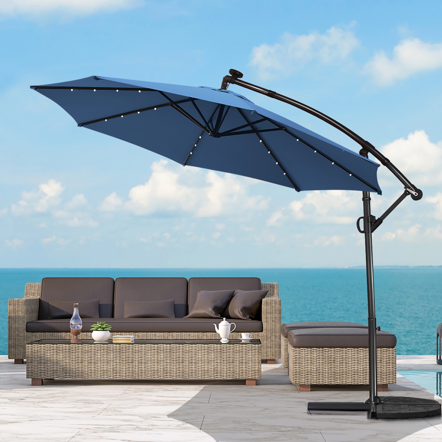 Costway 10FT Patio Offset Umbrella Solar LED 360degrees Rotation