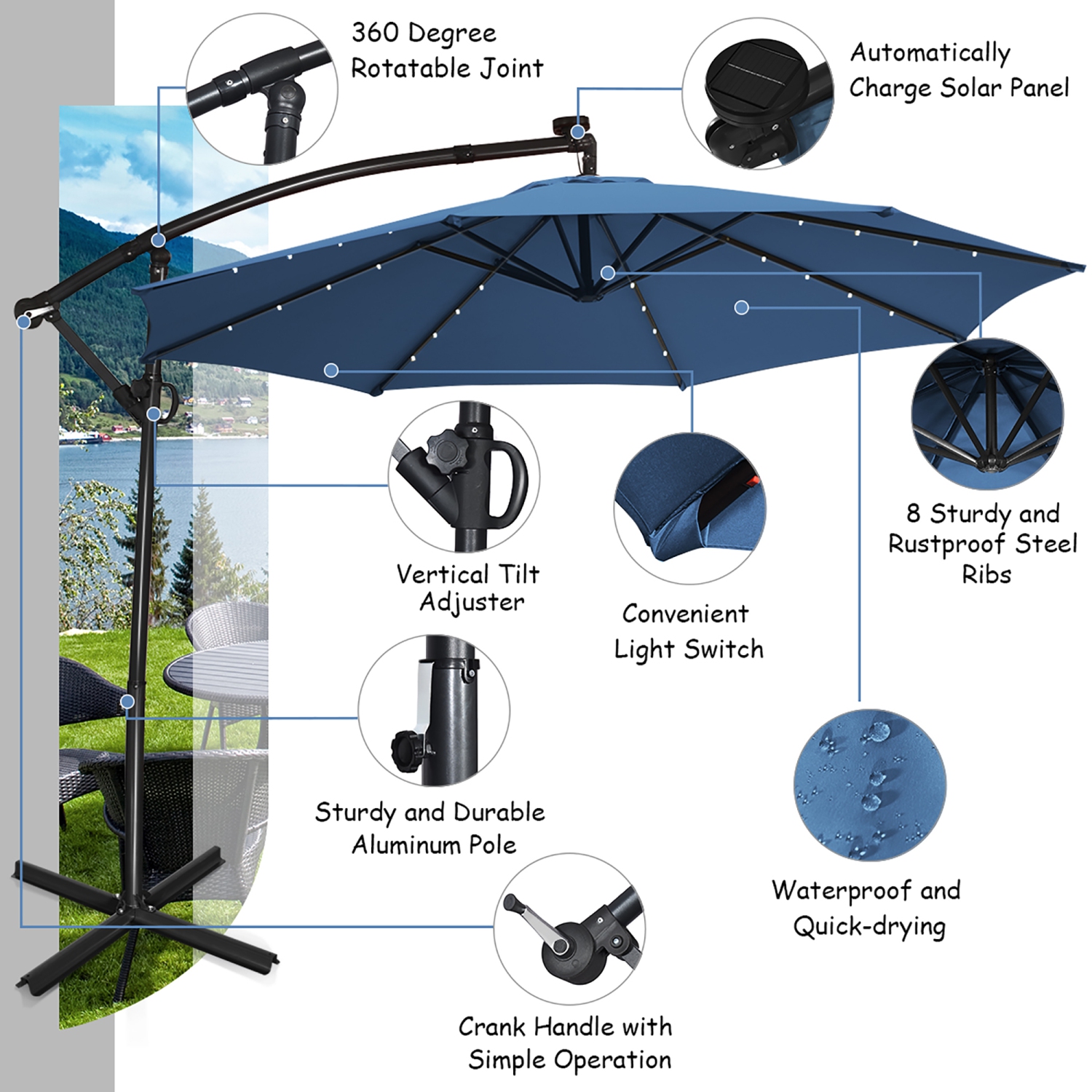 Costway 10FT Patio Offset Umbrella Solar LED 360degrees Rotation