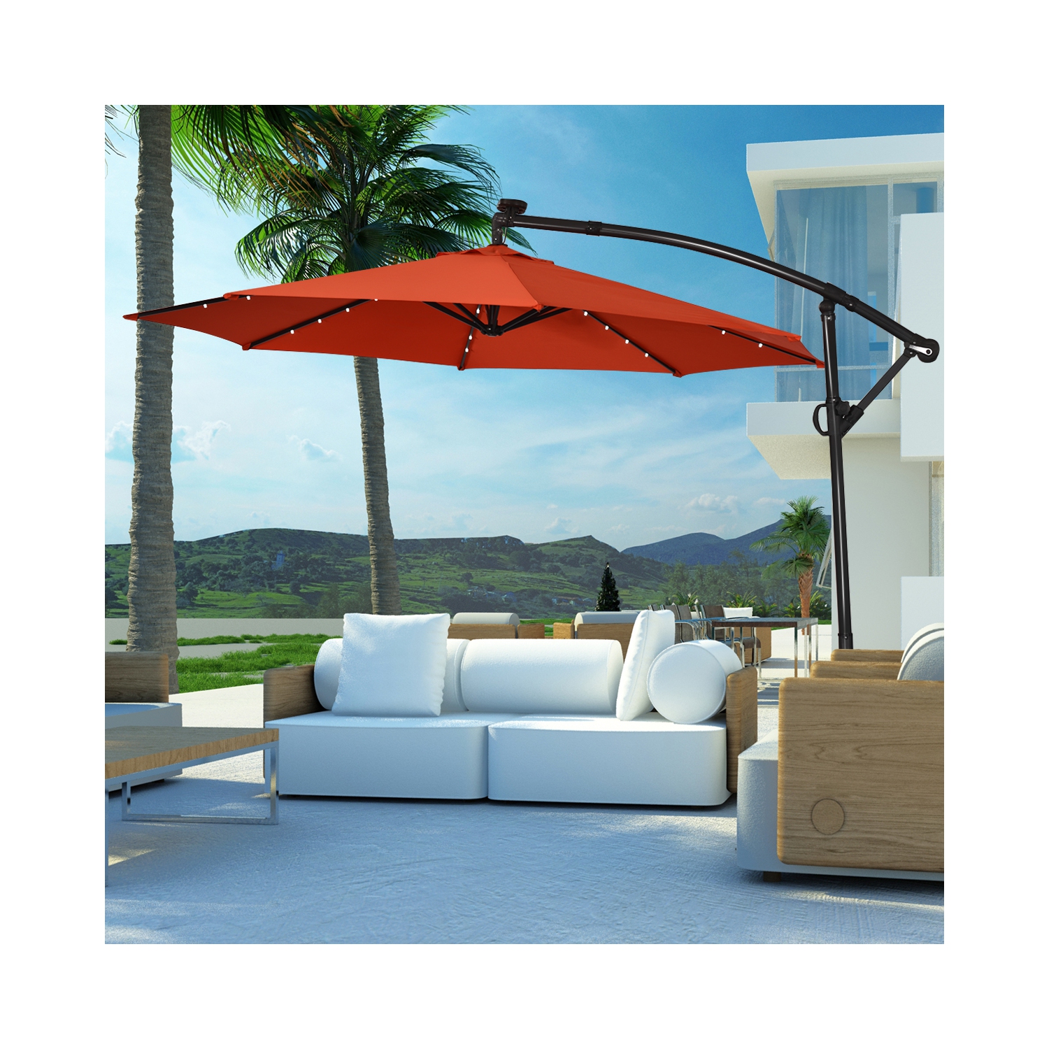 Costway 10FT Patio Offset Umbrella Solar LED 360degrees Rotation