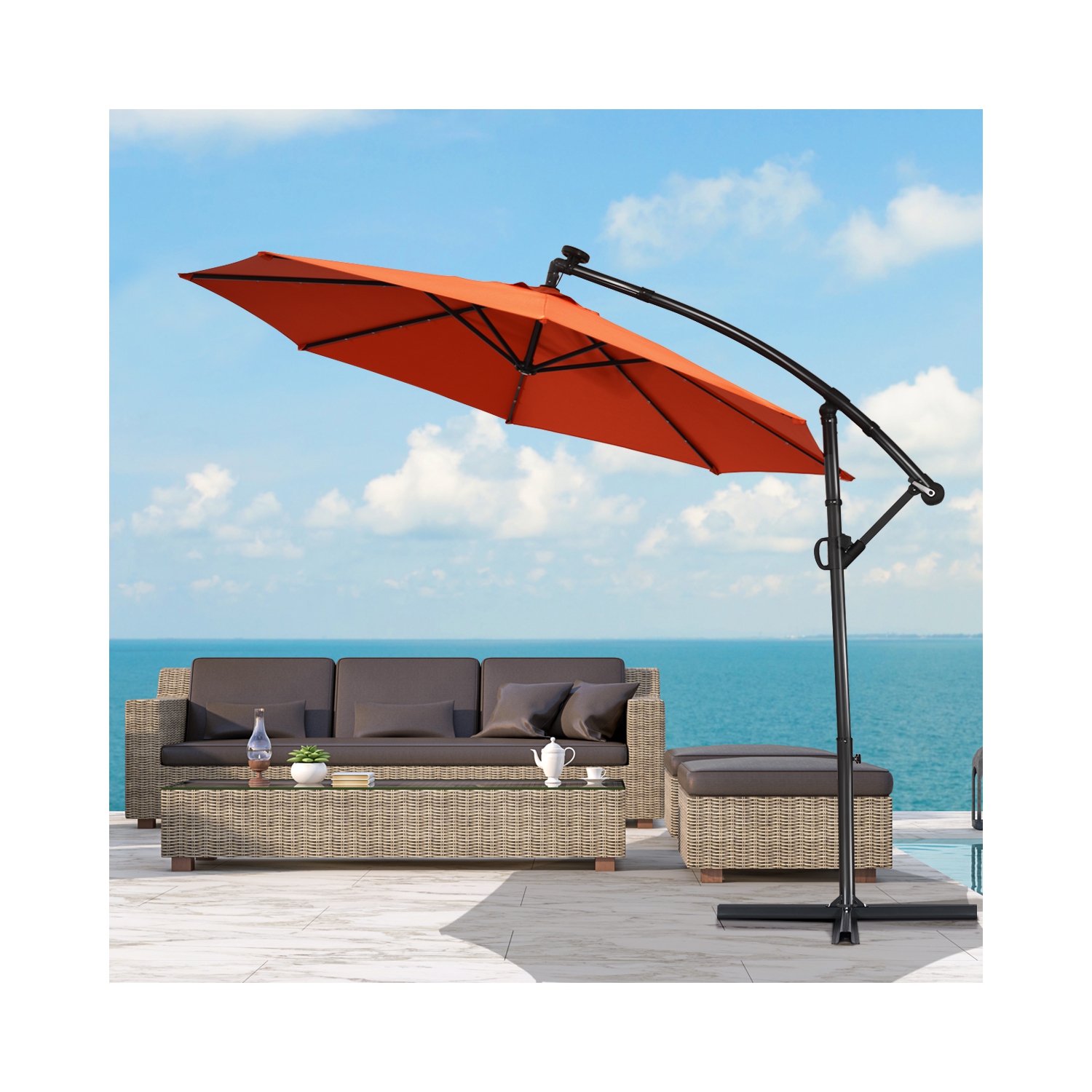 Costway 10FT Patio Offset Umbrella Solar LED 360degrees Rotation