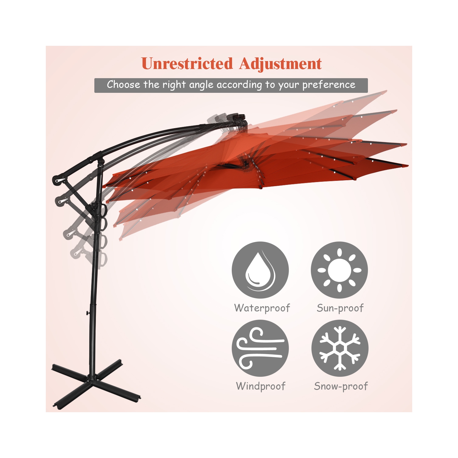 Costway 10FT Patio Offset Umbrella Solar LED 360degrees Rotation