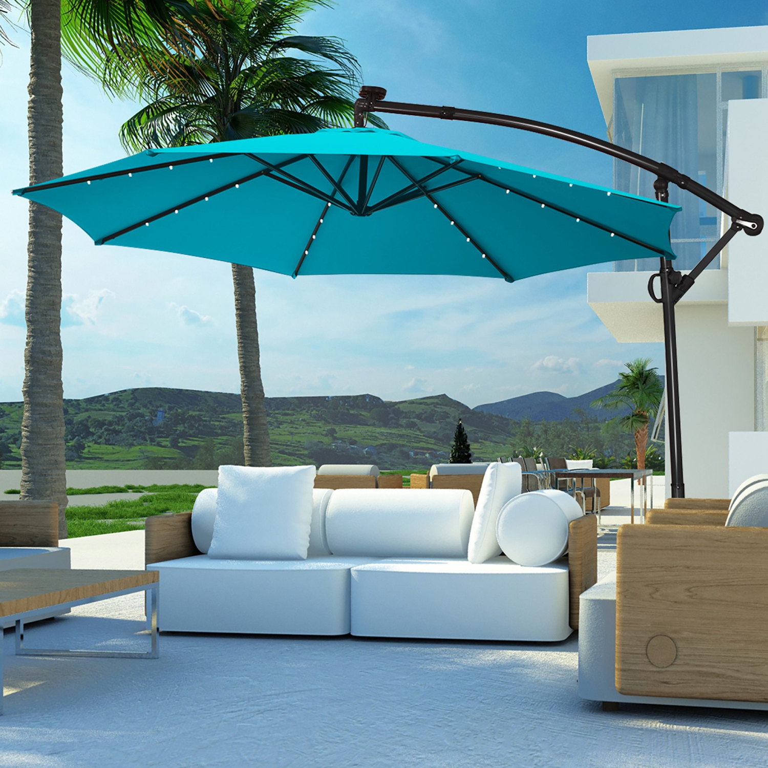 Costway 10FT Patio Offset Umbrella Solar LED 360degrees Rotation
