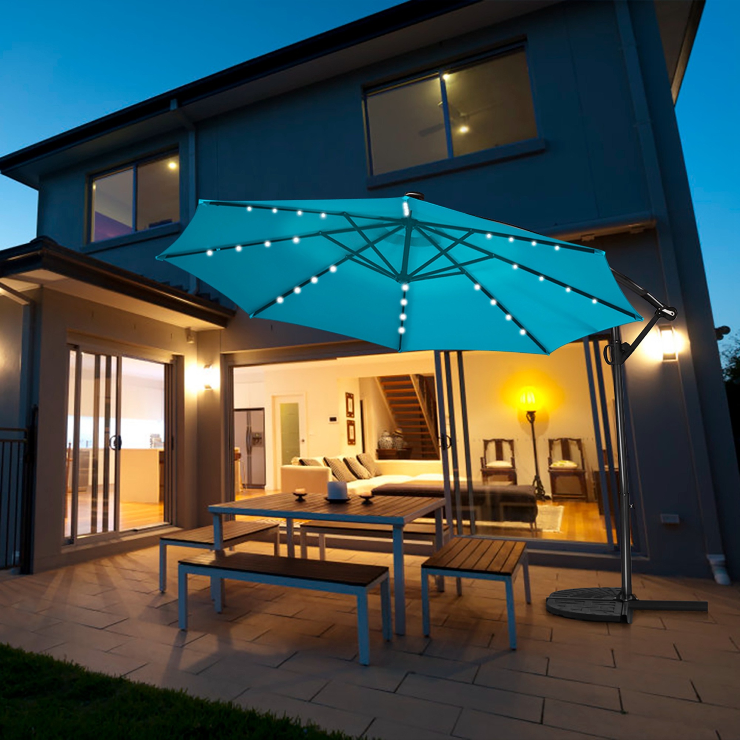 Costway 10FT Patio Offset Umbrella Solar LED 360degrees Rotation