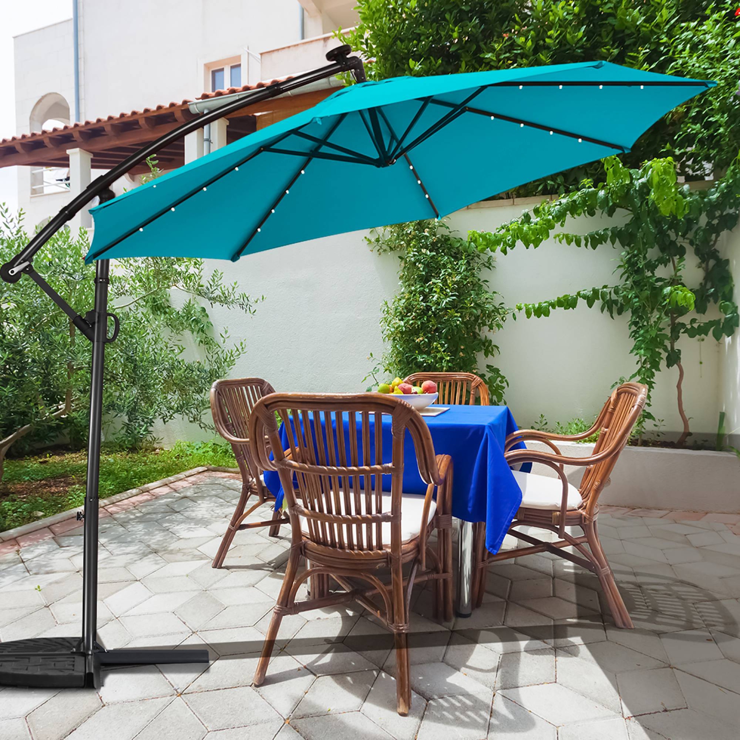 Costway 10FT Patio Offset Umbrella Solar LED 360degrees Rotation