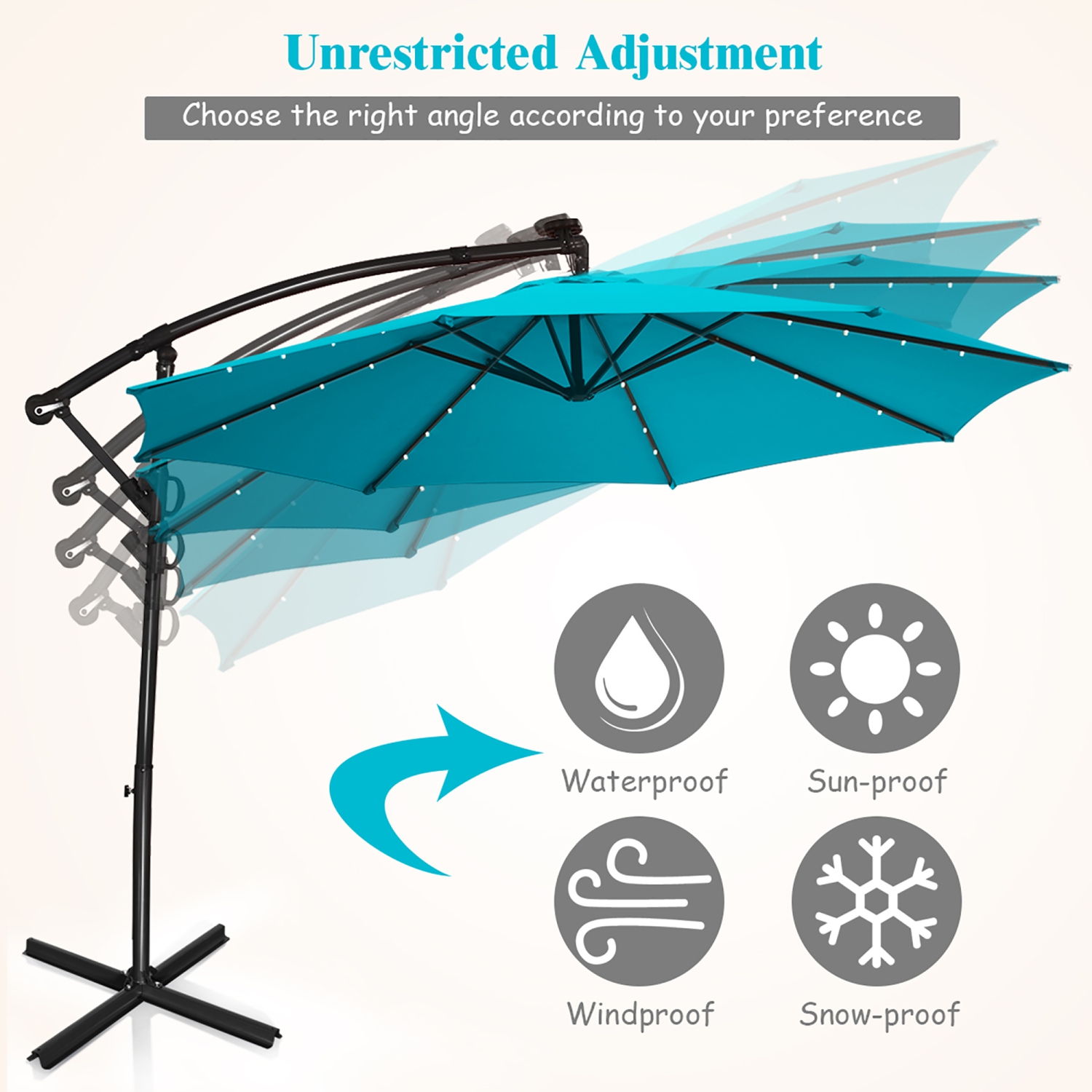 Costway 10FT Patio Offset Umbrella Solar LED 360degrees Rotation