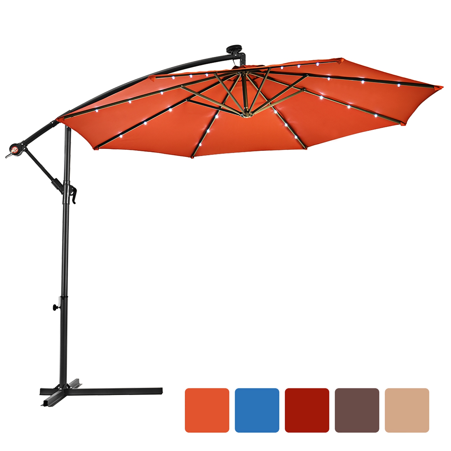 Costway 10' Hanging Solar LED Umbrella Patio Sun Shade Offset Market W/Base Orange