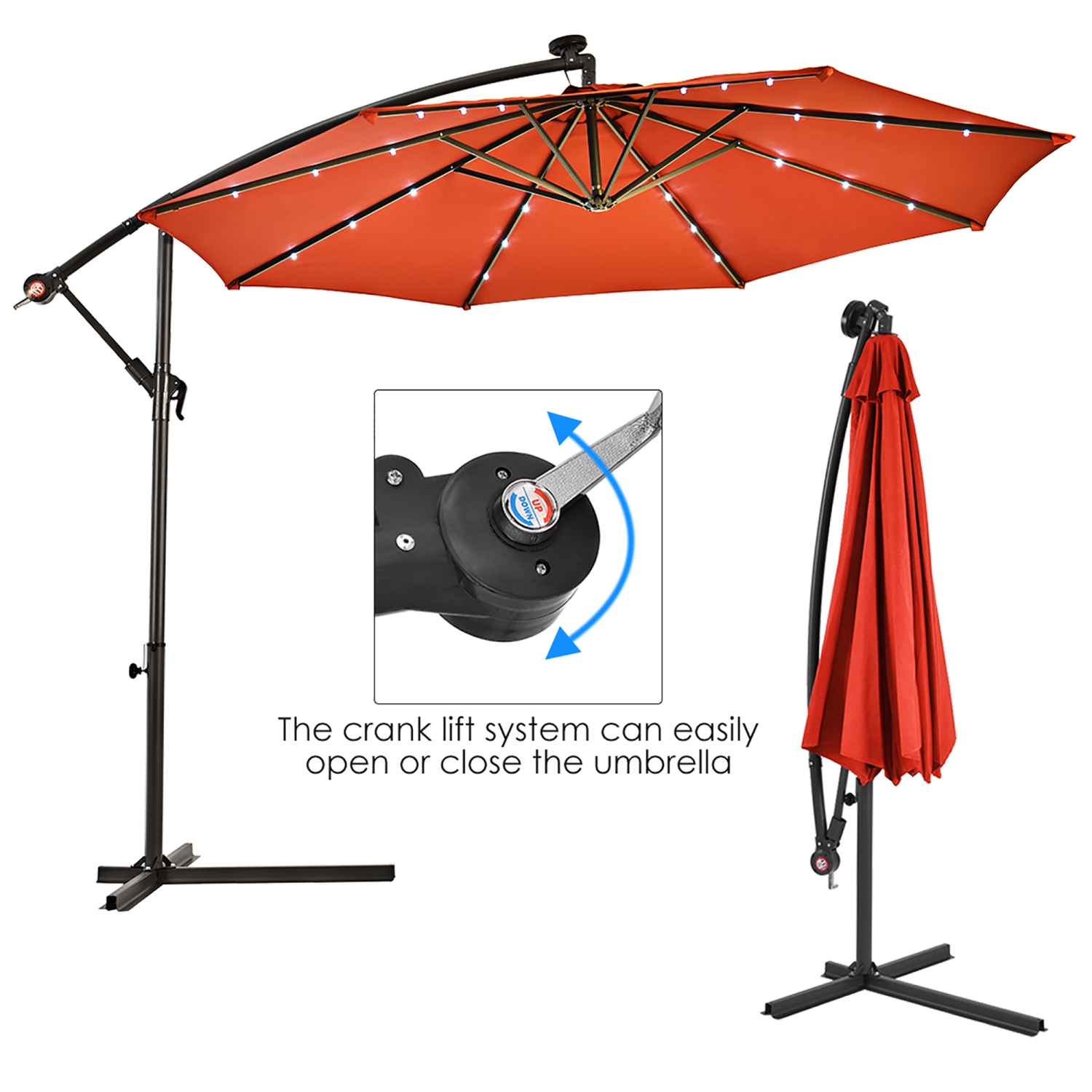 Costway 10' Hanging Solar LED Umbrella Patio Sun Shade Offset Market W/Base Orange