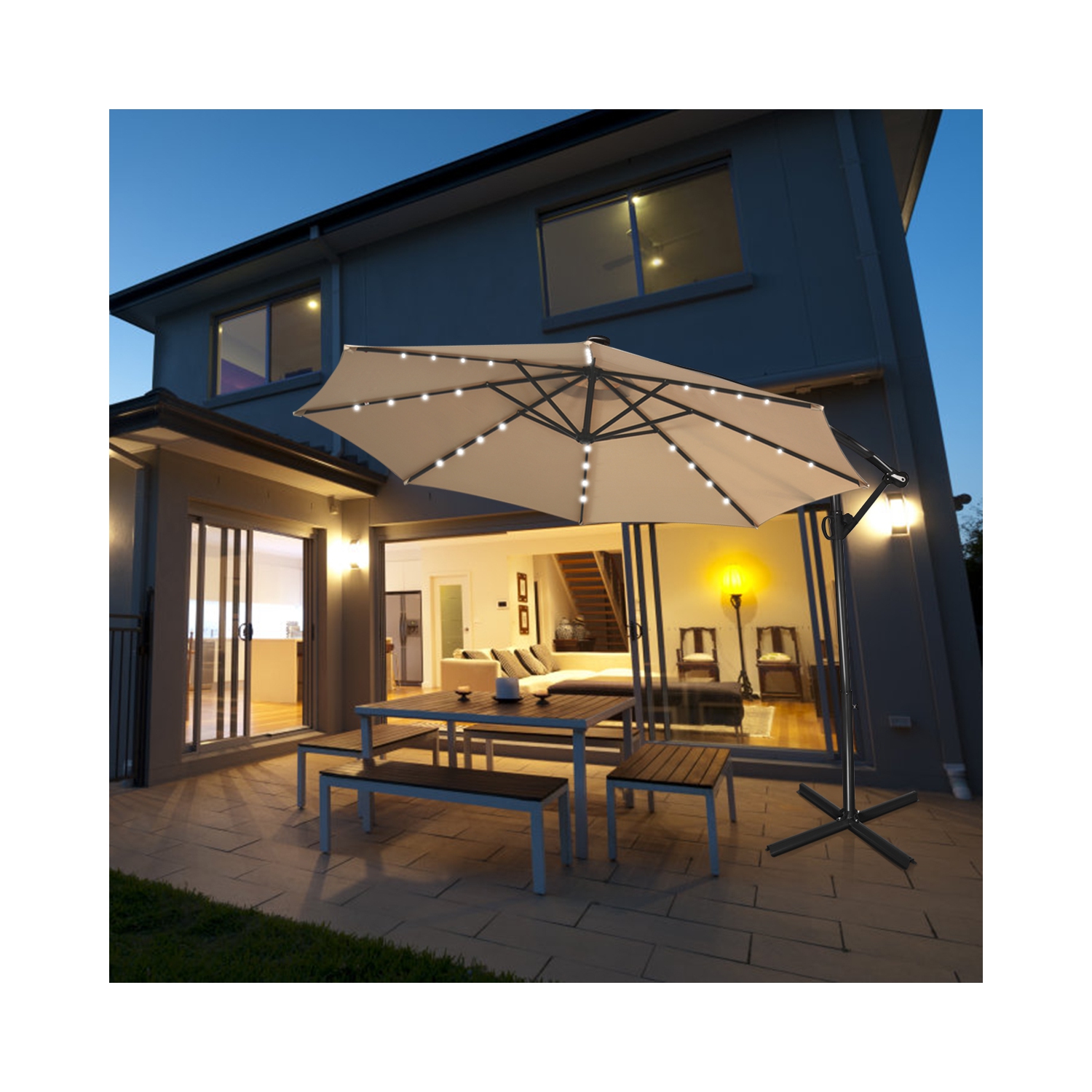Costway 10FT Patio Offset Umbrella Solar LED 360degrees Rotation