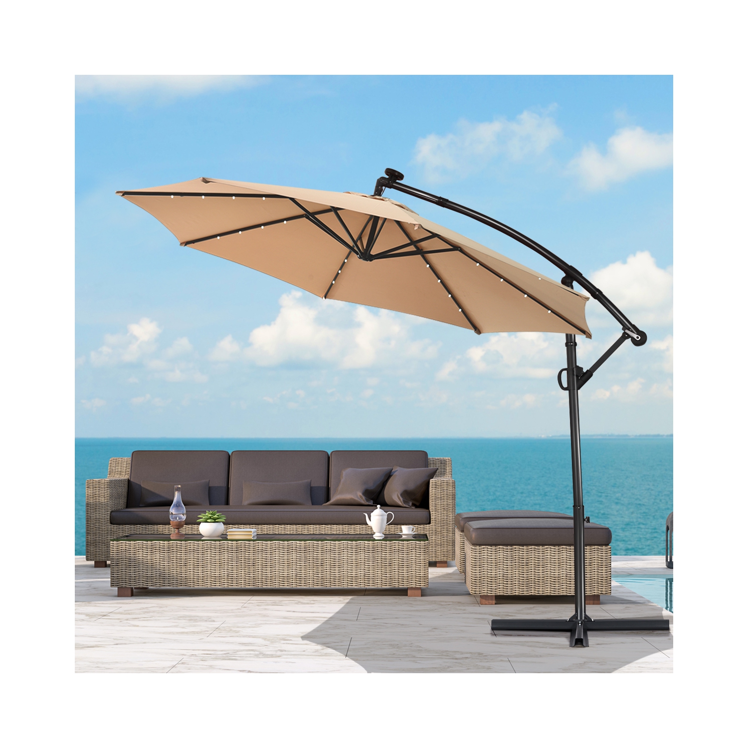 Costway 10FT Patio Offset Umbrella Solar LED 360degrees Rotation