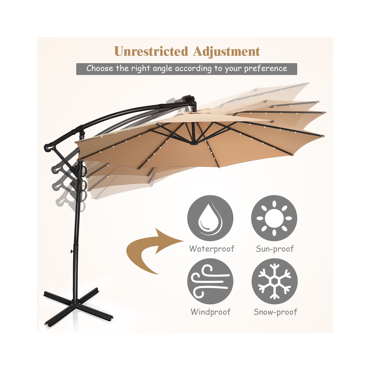 Costway 10FT Patio Offset Umbrella Solar LED 360degrees Rotation