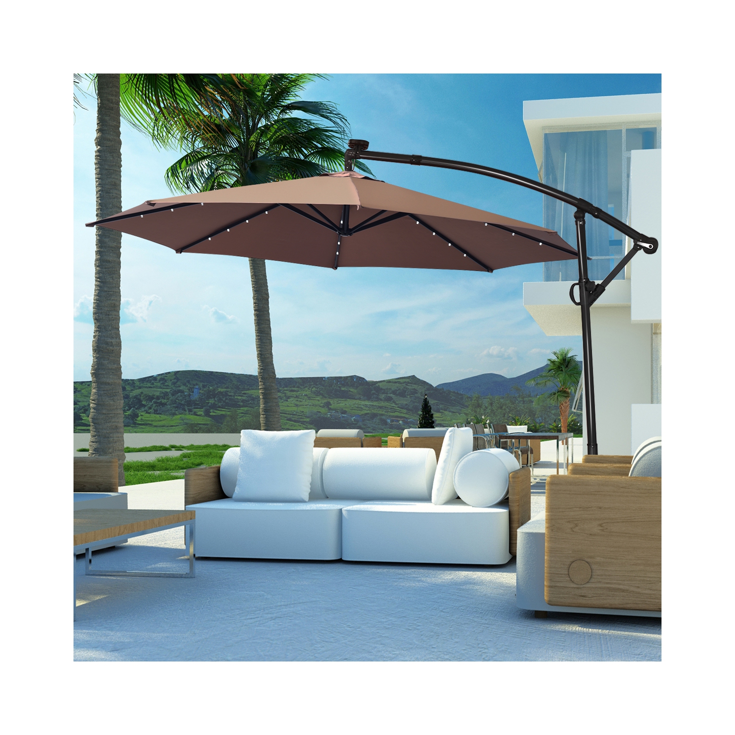 Costway 10FT Patio Offset Umbrella Solar LED 360degrees Rotation