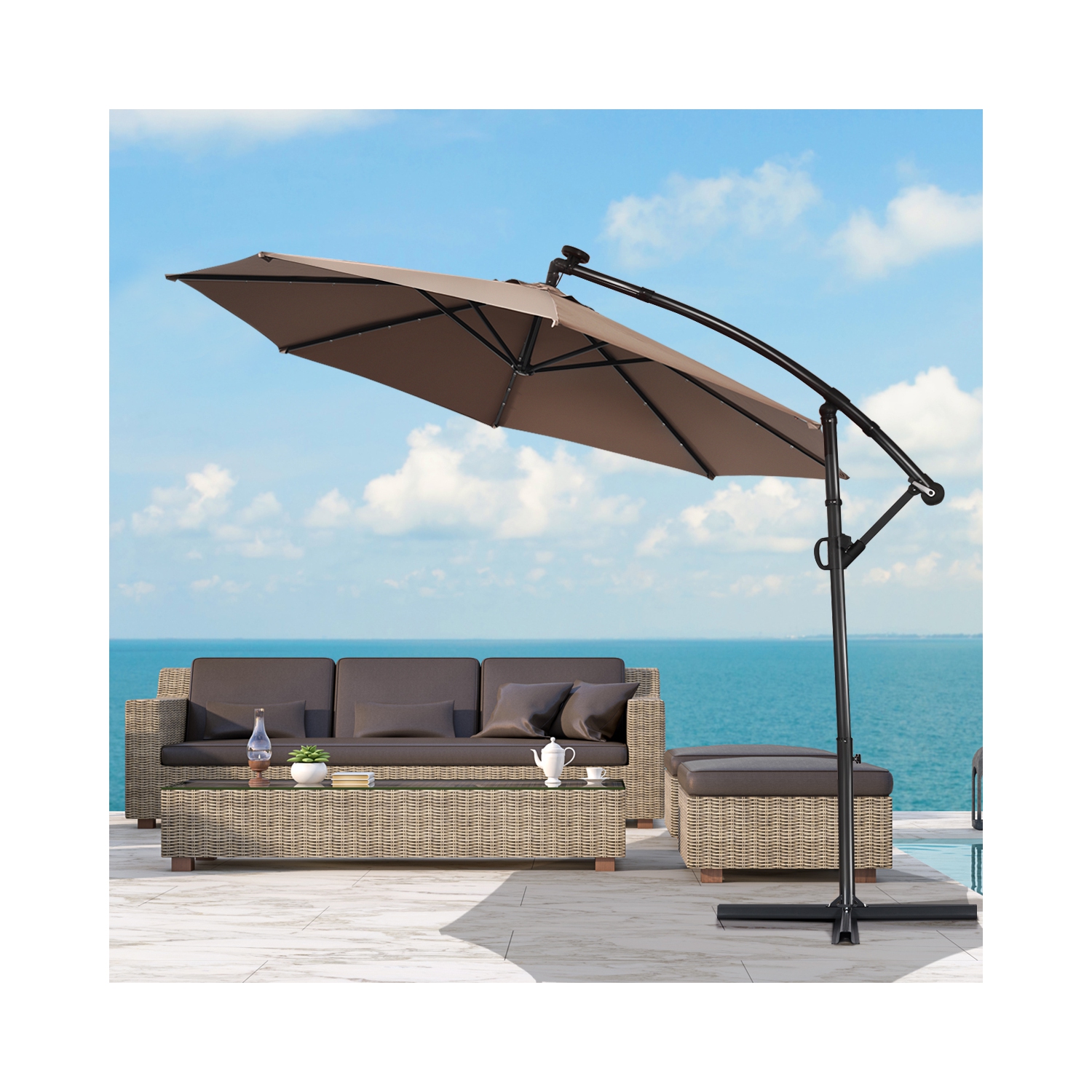 Costway 10FT Patio Offset Umbrella Solar LED 360degrees Rotation