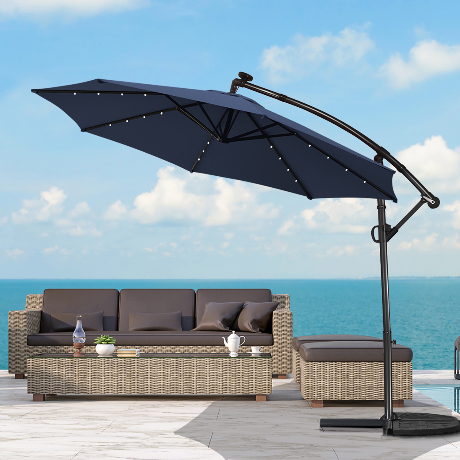 Costway 10FT Patio Offset Umbrella Solar LED 360degrees Rotation
