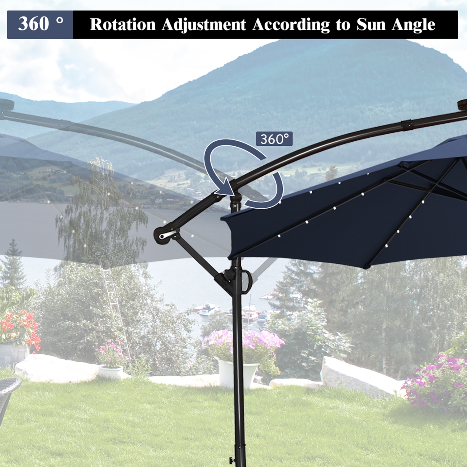 Costway 10FT Patio Offset Umbrella Solar LED 360degrees Rotation