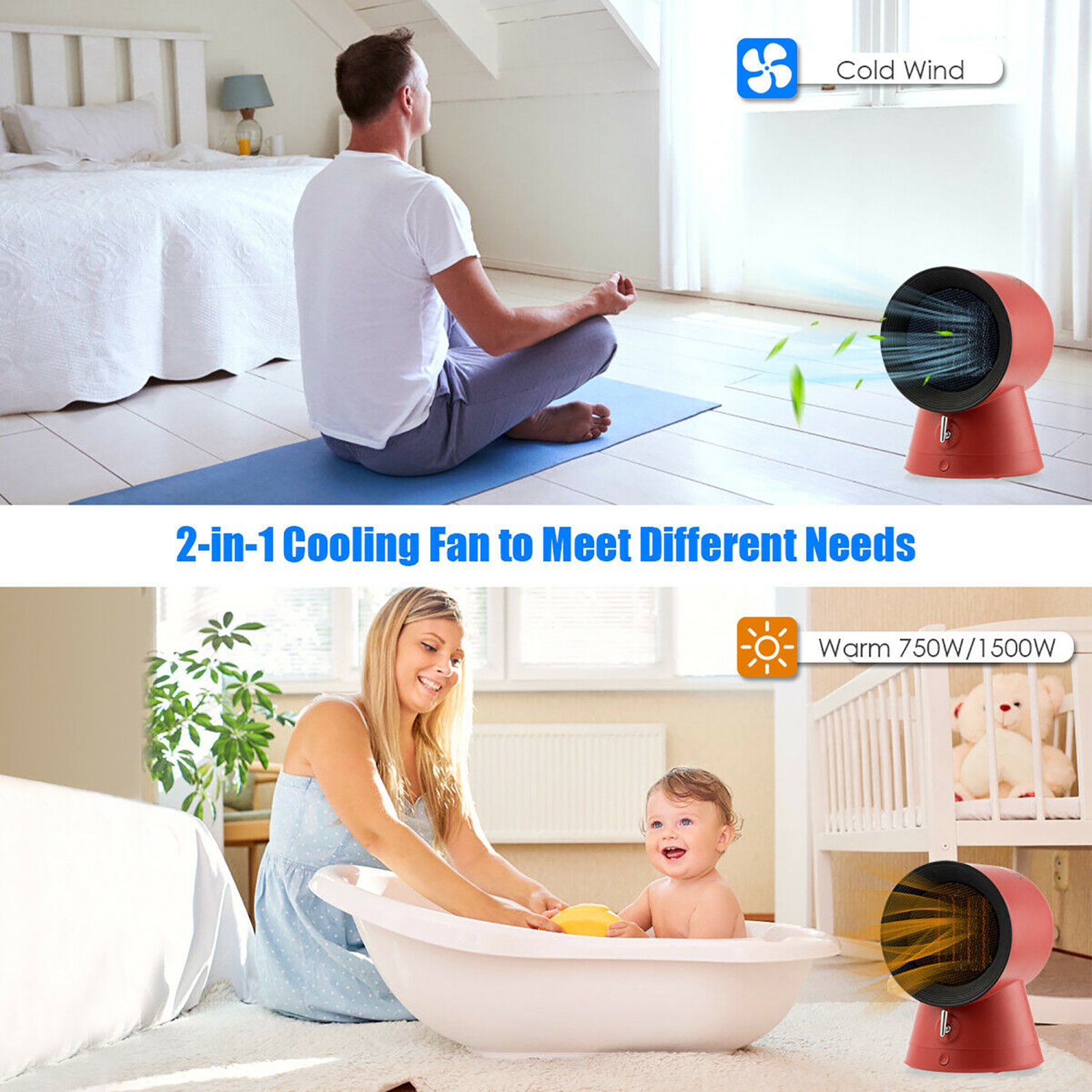 1500W Chauffage d’espace portable Ventilateur de chauffage de bureau électrique PTC Céramique Rouge / Blanc