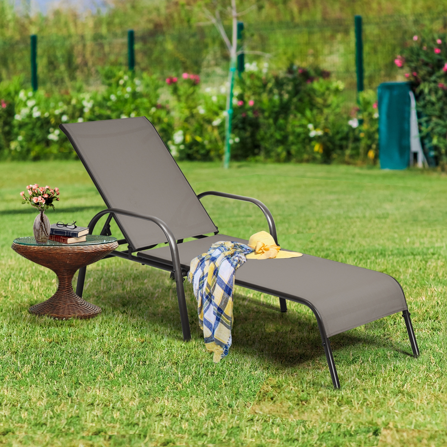 Gymax Adjustable Chaise Lounge Chair Recliner Patio Yard Outdoor w/ Armrest Brown