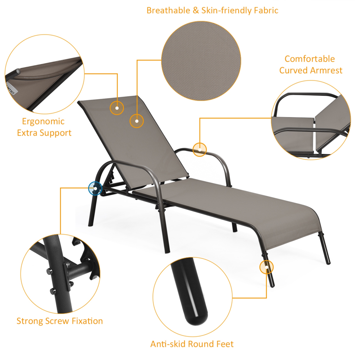 Gymax Adjustable Chaise Lounge Chair Recliner Patio Yard Outdoor w/ Armrest Brown