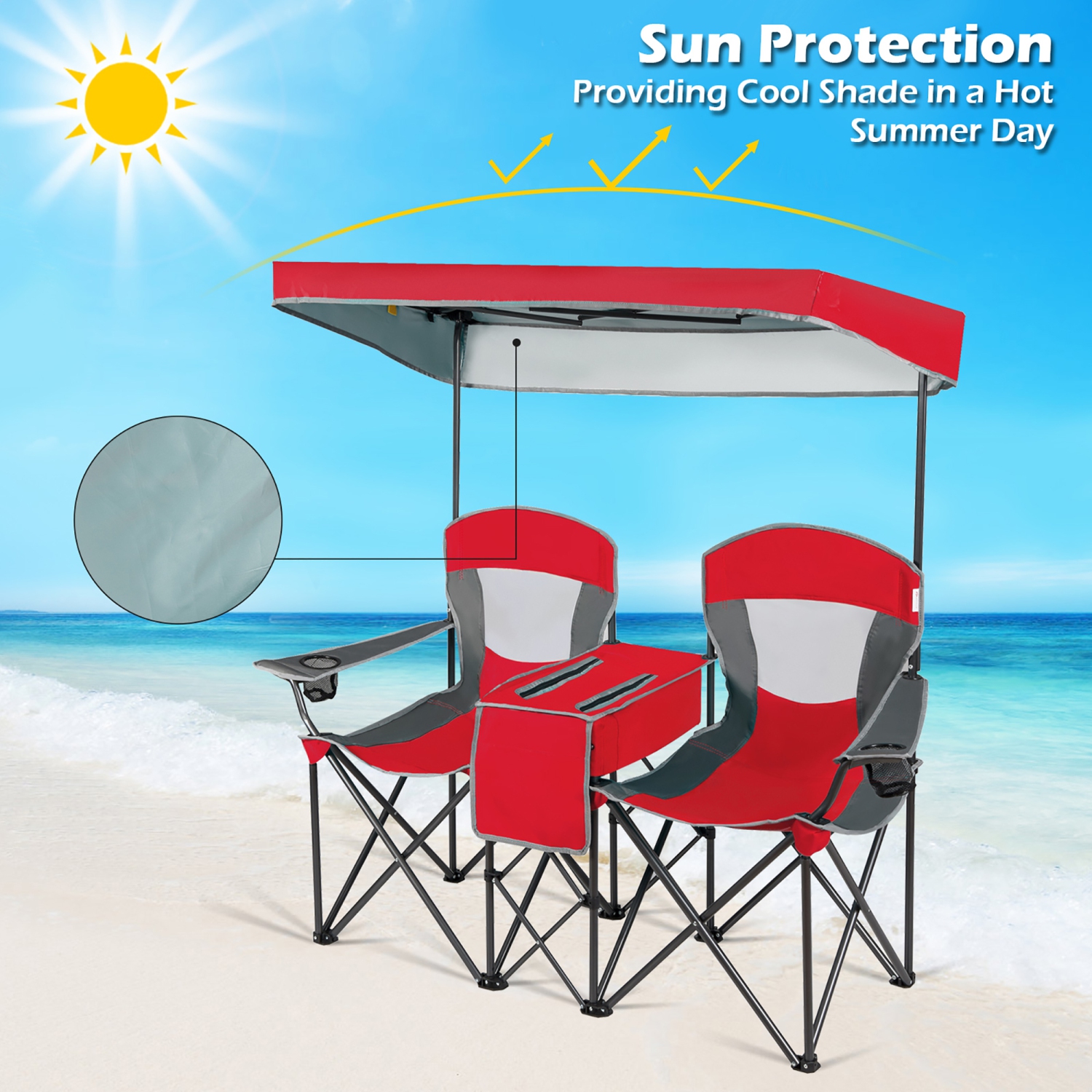 Goplus Portable Folding Camping Canopy Chairs w/ Cup Holder Cooler Outdoor Red
